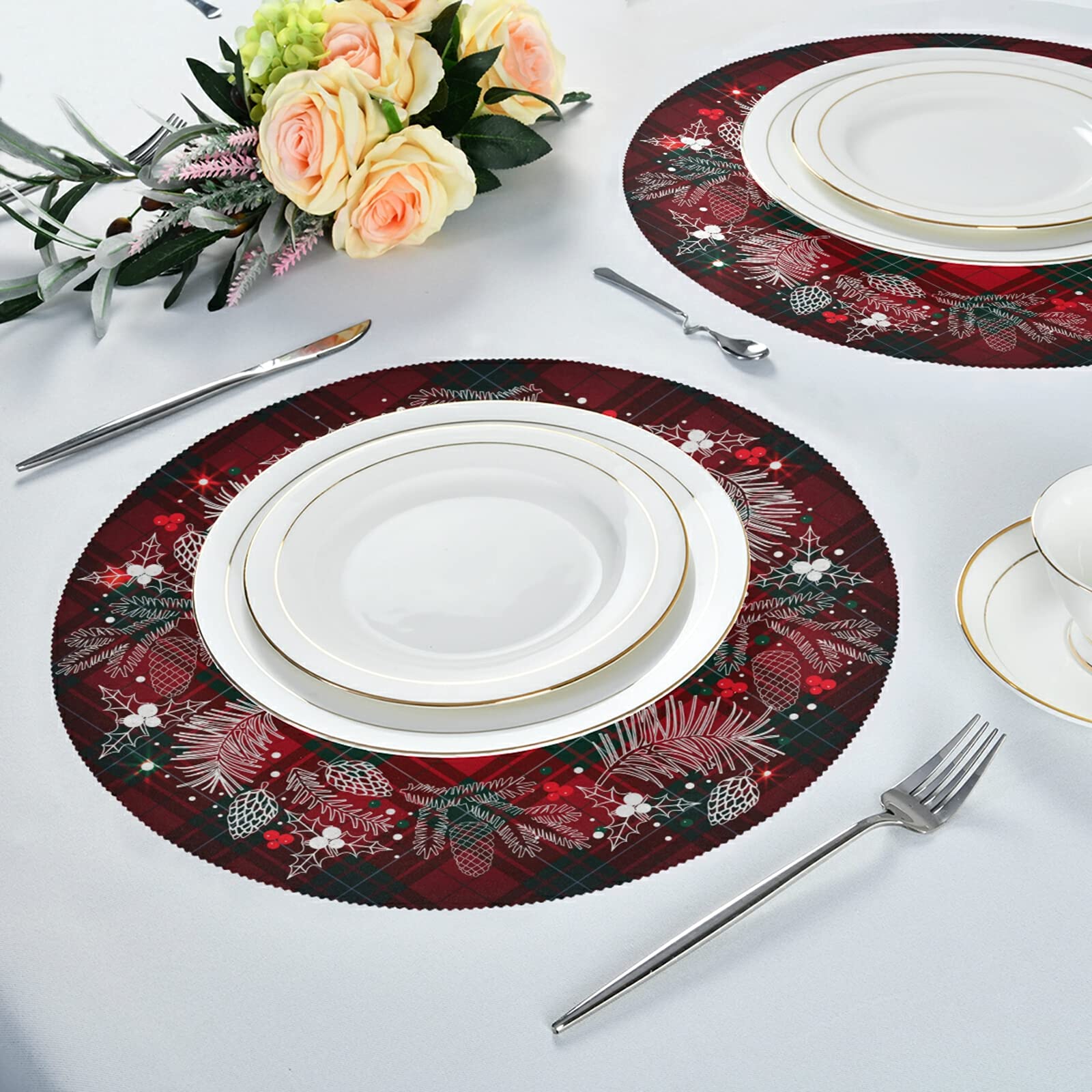 Kcldeci Merry Christmas Round Placemats Set Of 4 For Dining Table, Xmas Place Mats Buffalo Check Plaid Wreath Heat Resistant Kit