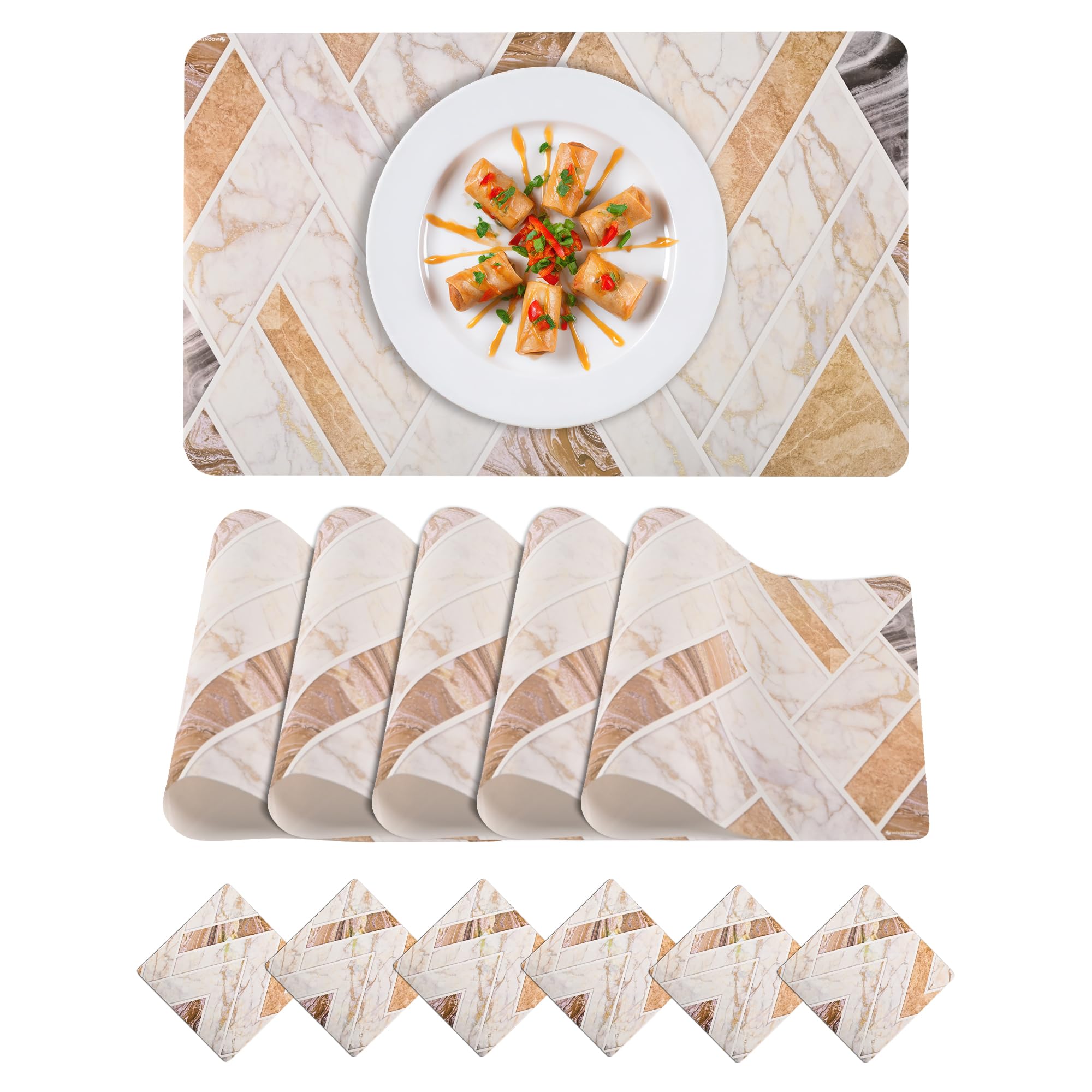 Kuber Industries PVC Table Mats Set of 6 with Coasters | Dining Table Mat for Party, Wedding and Family Functions | Milky Marble