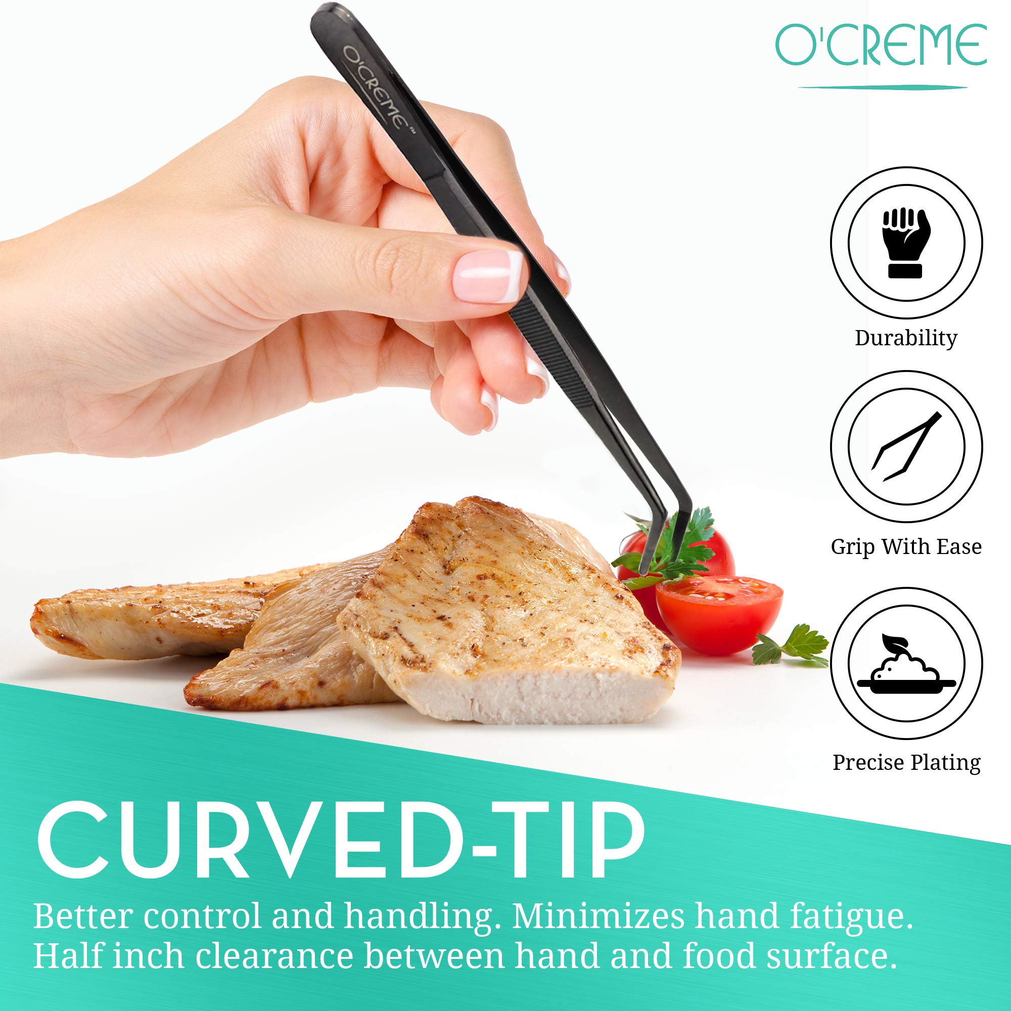 O'Creme Stainless Steel Precision Kitchen Culinary 8 Inch Tweezer Tongs (8'' Curved, Blue)