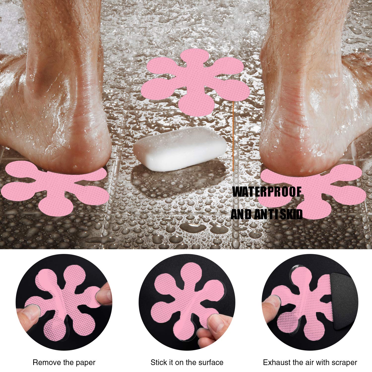Secopad Non-Slip Bathtub Stickers, 24 PCS Adhesive Treads, Premium PEVA, Pink, Model 5snowflake