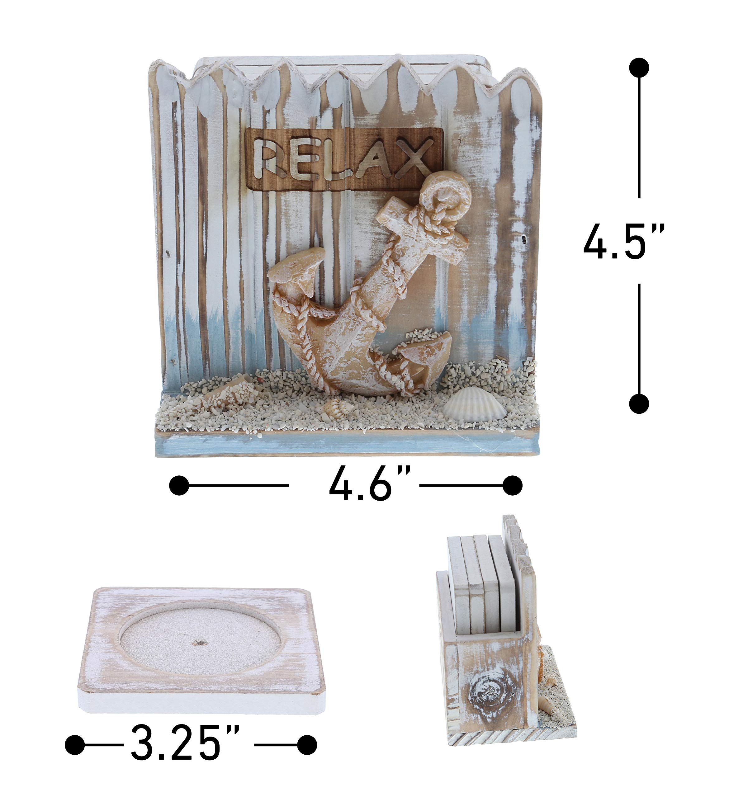Cota Global Coastal Horizon Nautical Wooden Coaster Set - Rustic Square Coaster Set With Holder, Cute Beach Theme Drink Coasters