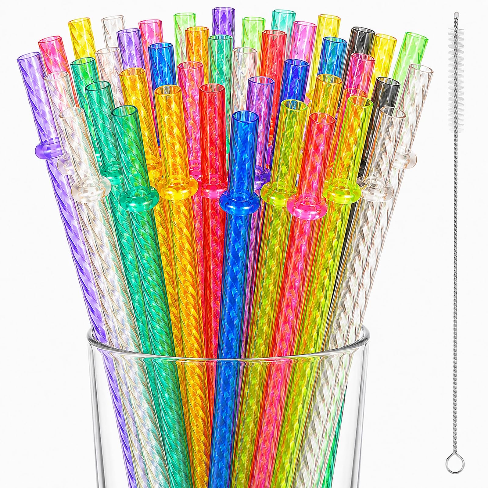 100 Pcs Reusable Clear Plastic Swirl Drinking Straws, 12.2 Inch Extra Long Colorful Hard Plastic Replacement Straws for Stanley 