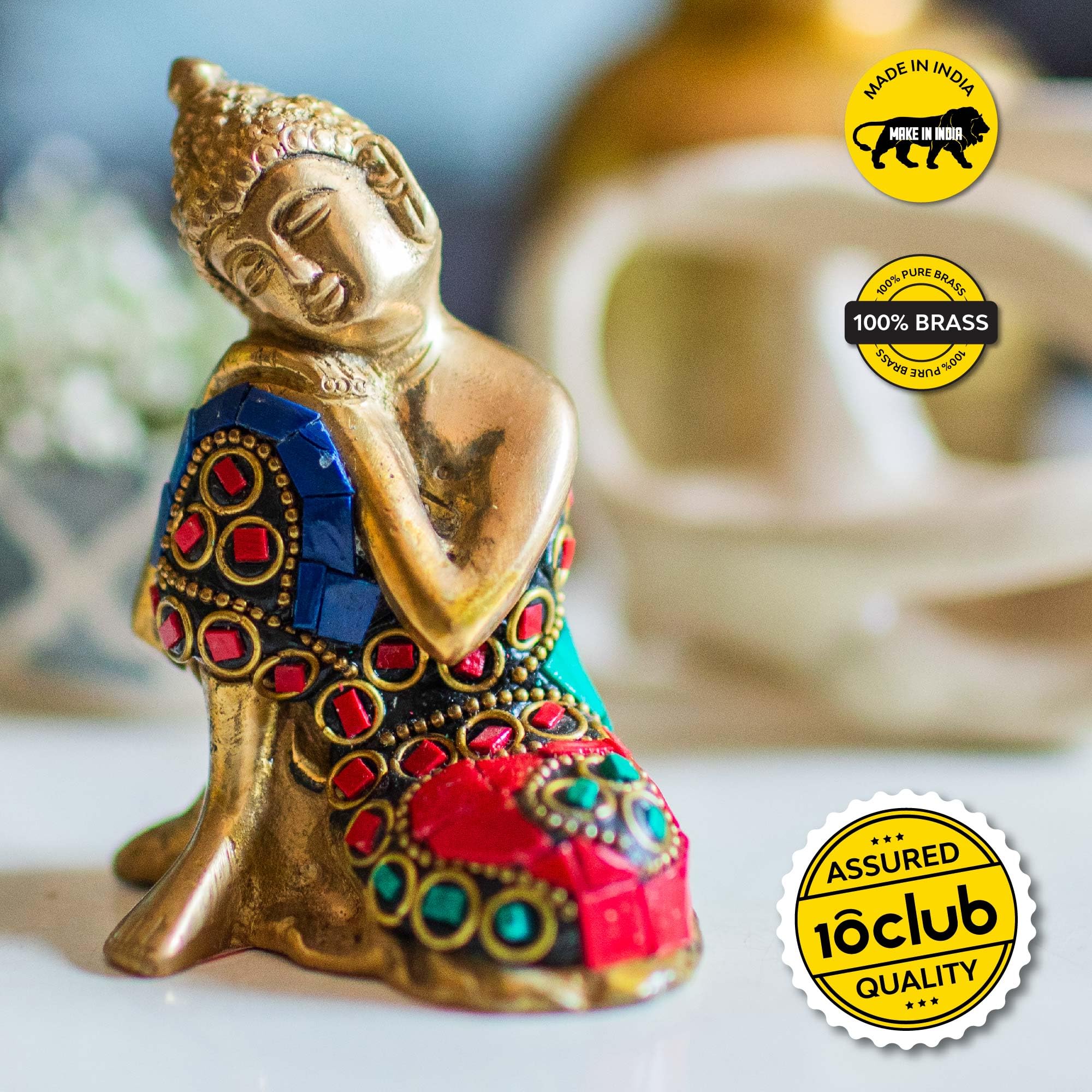10Club Lord Buddha Idol - 1Pc (9.6 cm, 500 Grams) - 100% Pure Brass | Buddha Statue for Home Decor | Ideal for Gifting | Figurin