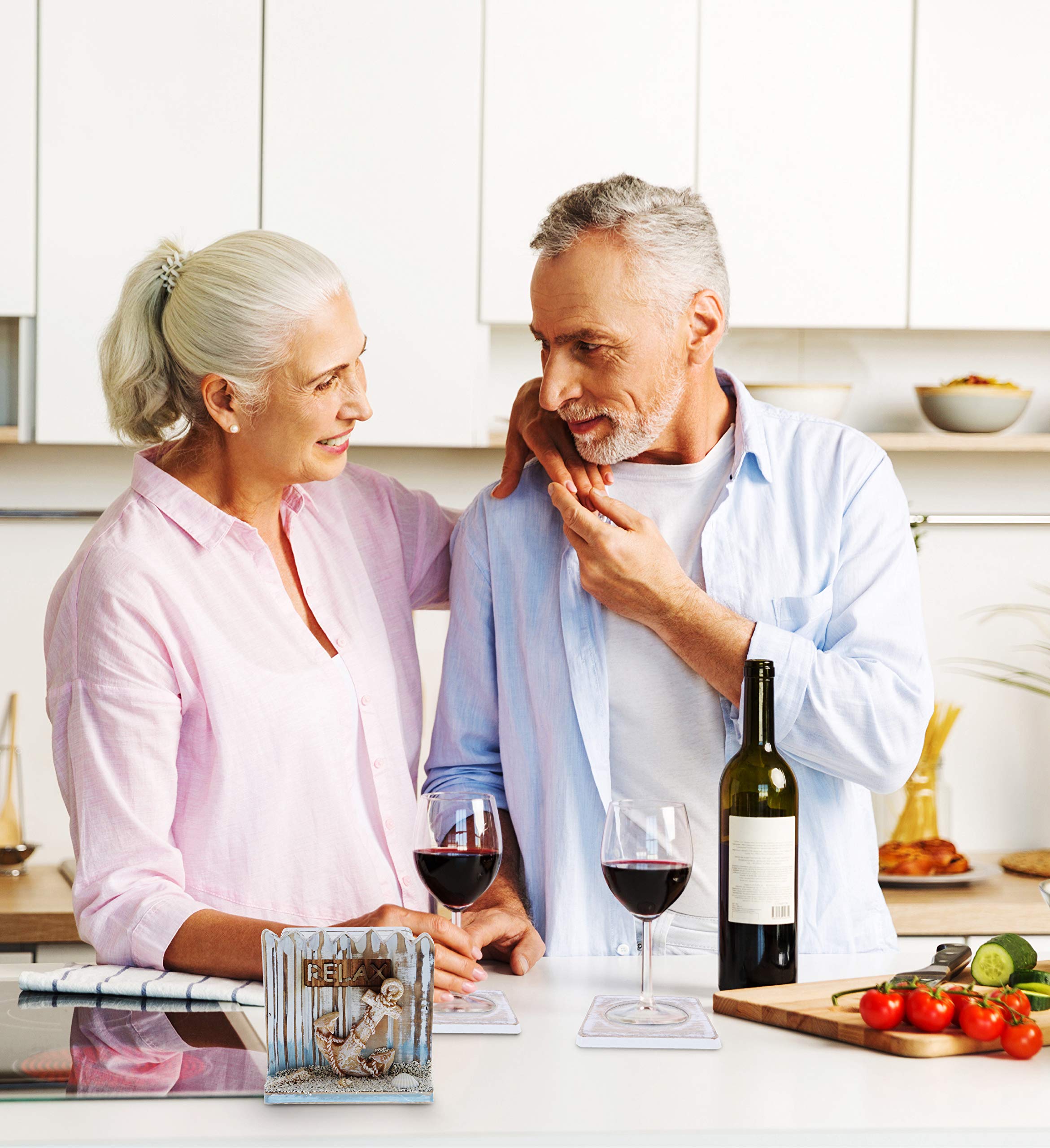 Cota Global Coastal Horizon Nautical Wooden Coaster Set - Rustic Square Coaster Set With Holder, Cute Beach Theme Drink Coasters