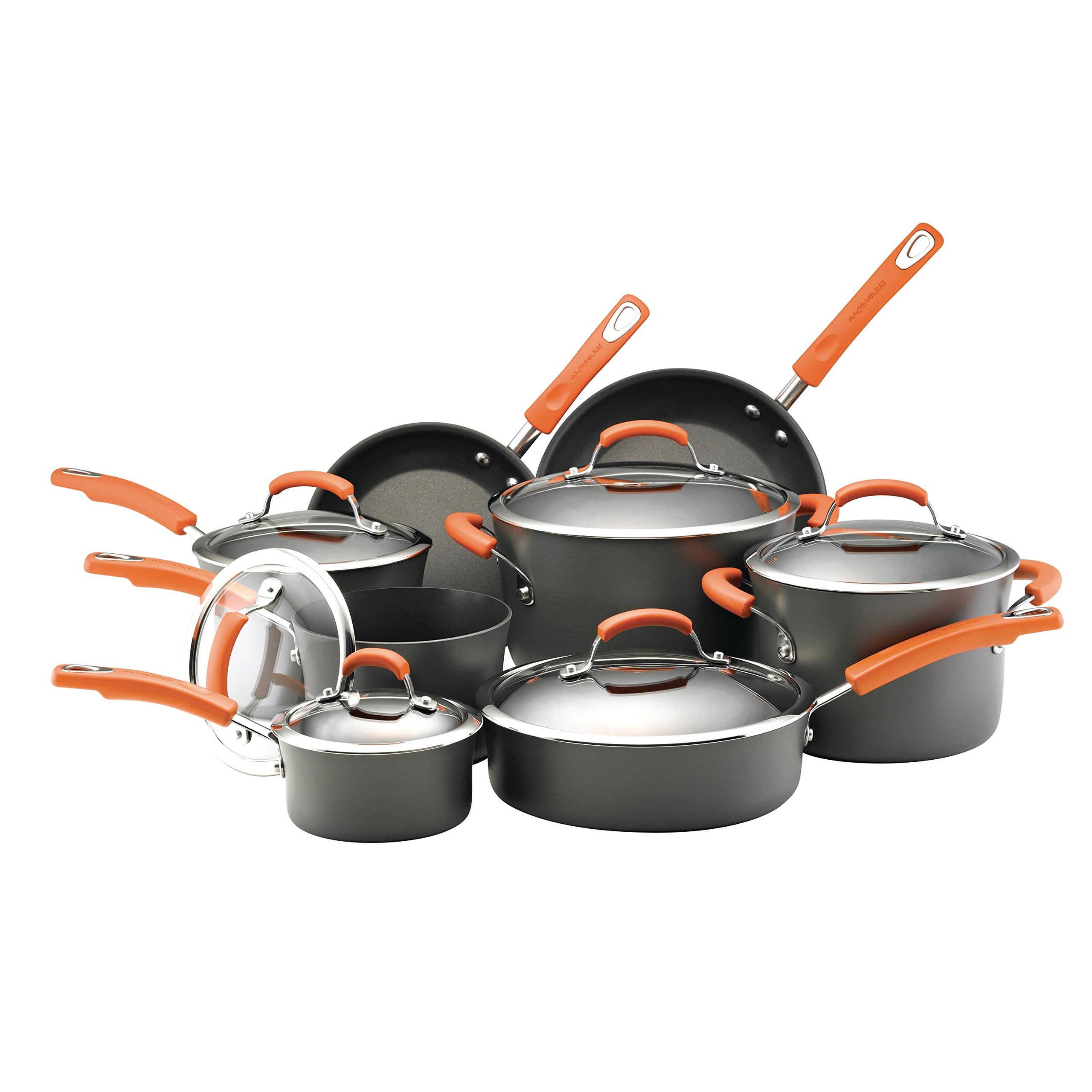 Rachael Ray Brights Hard-Anodized Nonstick Cookware Set with Glass Lids, 14-Piece Pot and Pan Set, Gray with Orange Handles