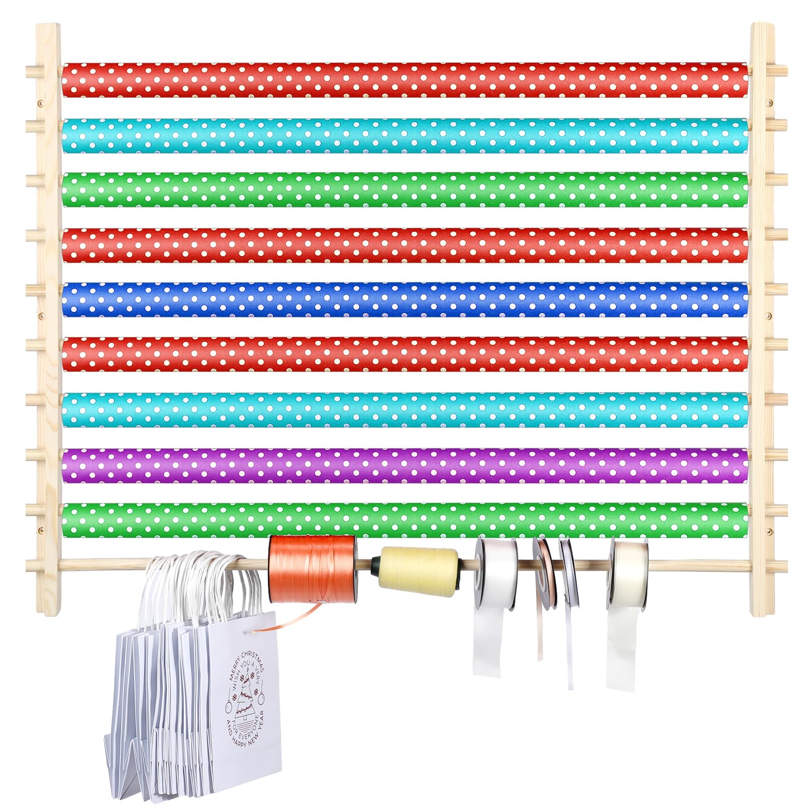 Kigley 10 Tier Ribbon Holder Organizer Rack Wood Wrapping Paper Display Rack Large Gift Wrapping Paper Storage Organizer Easy Wa