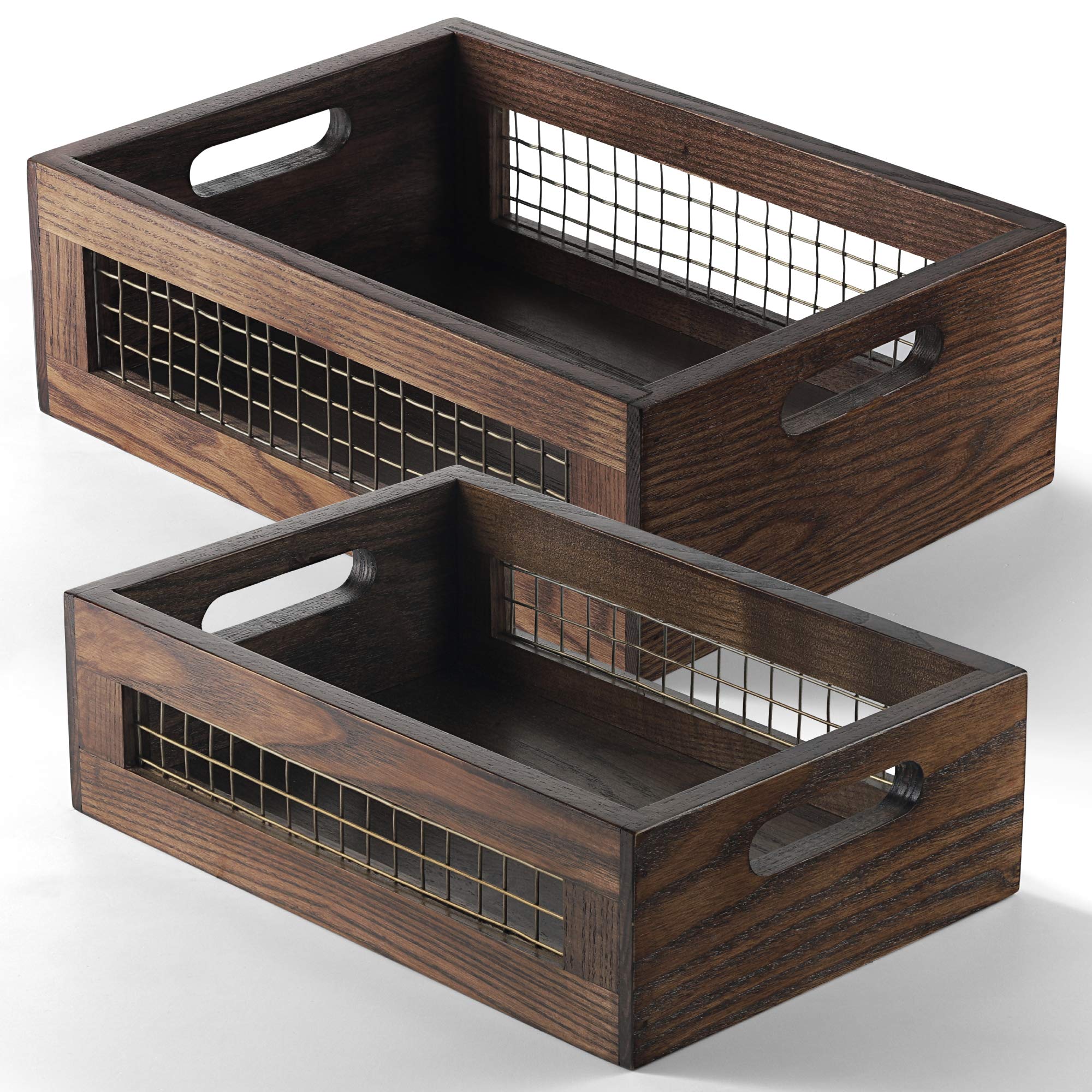 Nagawood Wooden Countertop Baskets Set Of 2 For Kitchen, Bathroom, Pantry|Wall Mount Upgrade With Full Accessories| Rustic Nesti