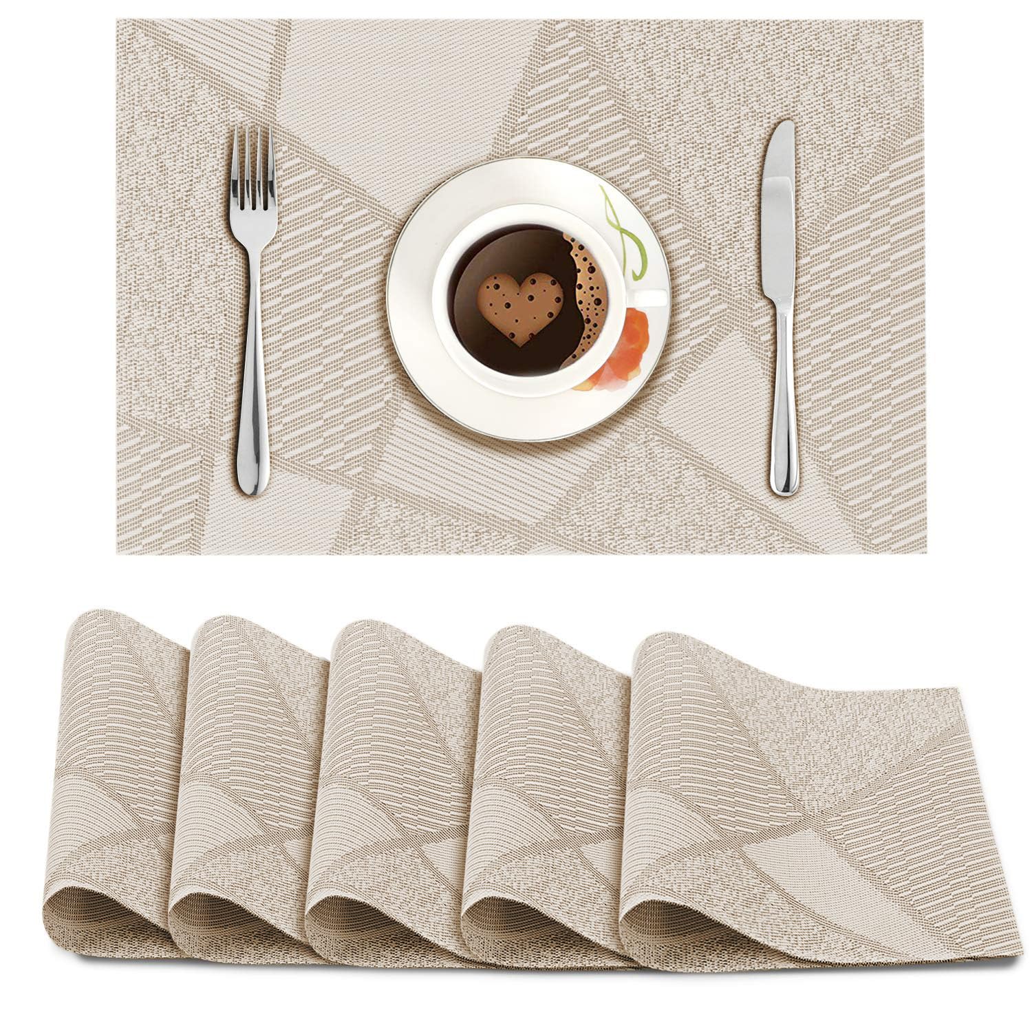 Hokipo Pvc Placemats Set Of 6 Dining Table Mats, 45X30 Cm, Cream