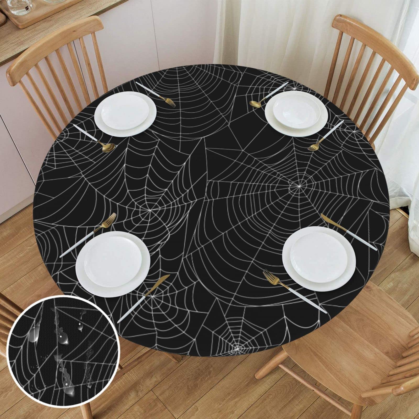 Will Budxeg Halloween Black Bat Spider Web Round Fitted Table Covers Elastic Edge Circle Tablecloth For Dining Party Holiday Fit