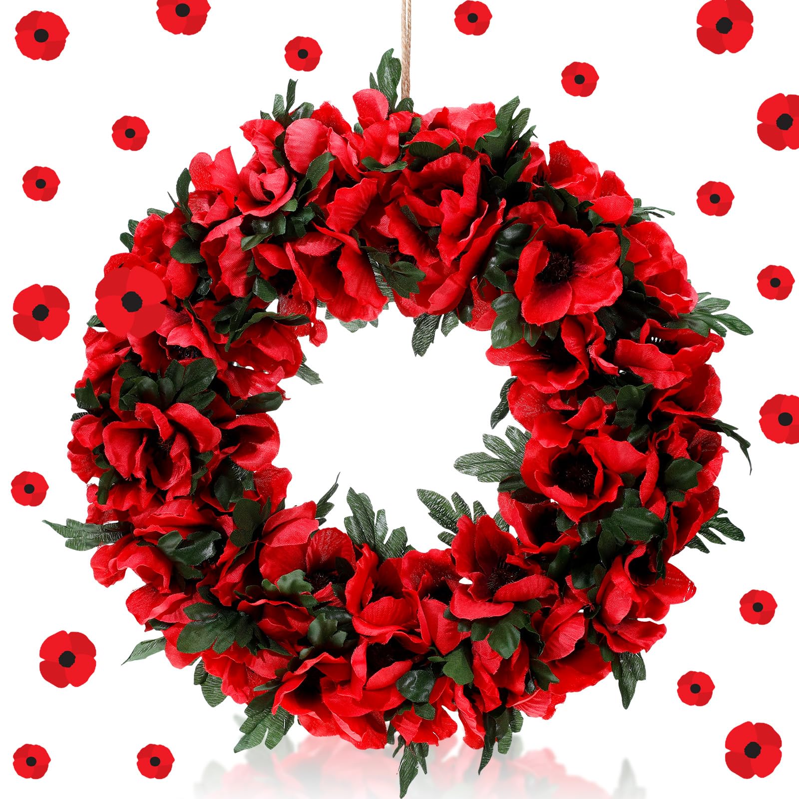 Dingion Memorial Day Red Poppy Wreath 12.6 Artificial Funeral Wreaths with Poppy Flowers Green Leaves Front Door Floral Wreath