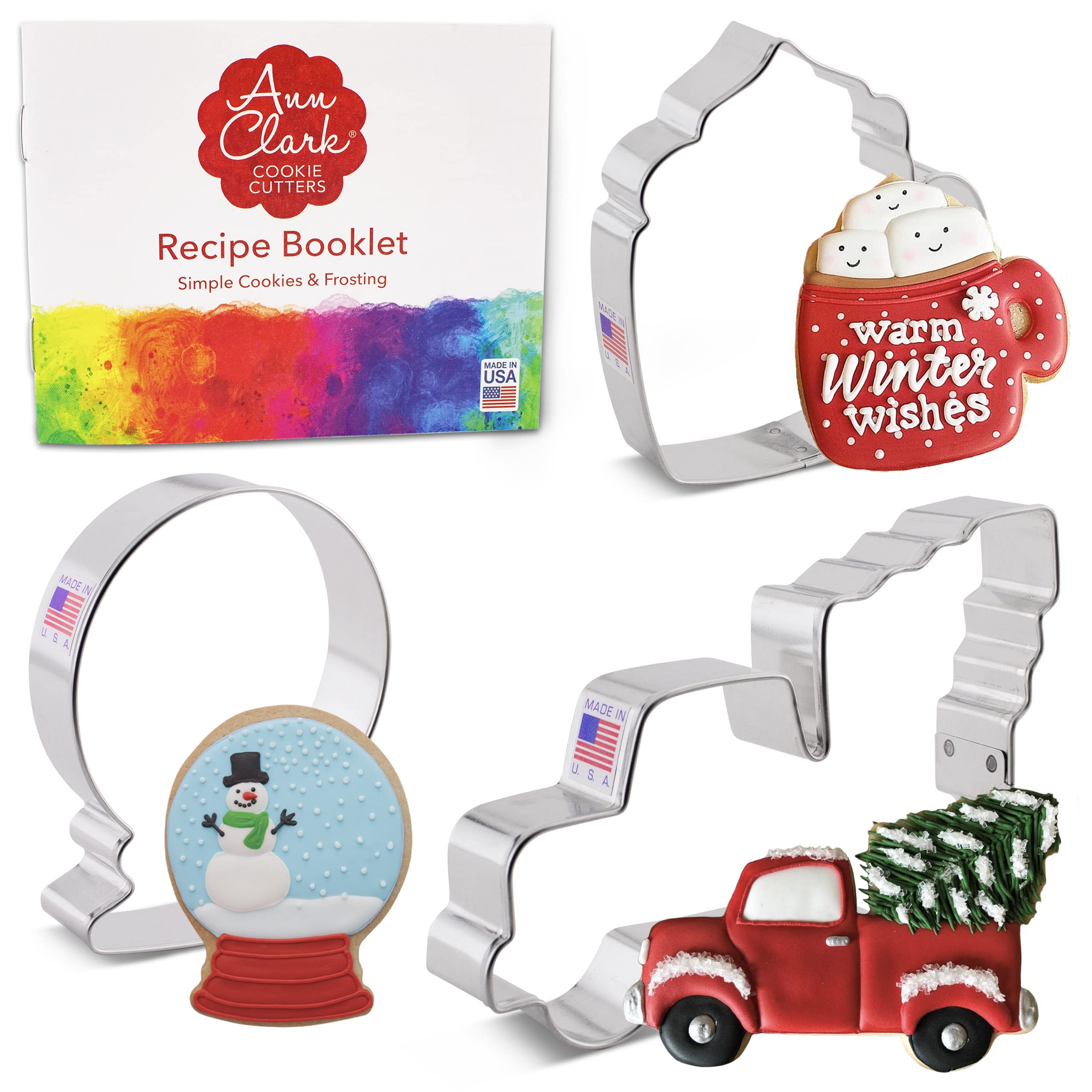 Winter Fun Cookie Cutters 3-Pc. Set Made In The Usa By Ann Clark, Snow Globe, Truck With Tree, Coffee Mug