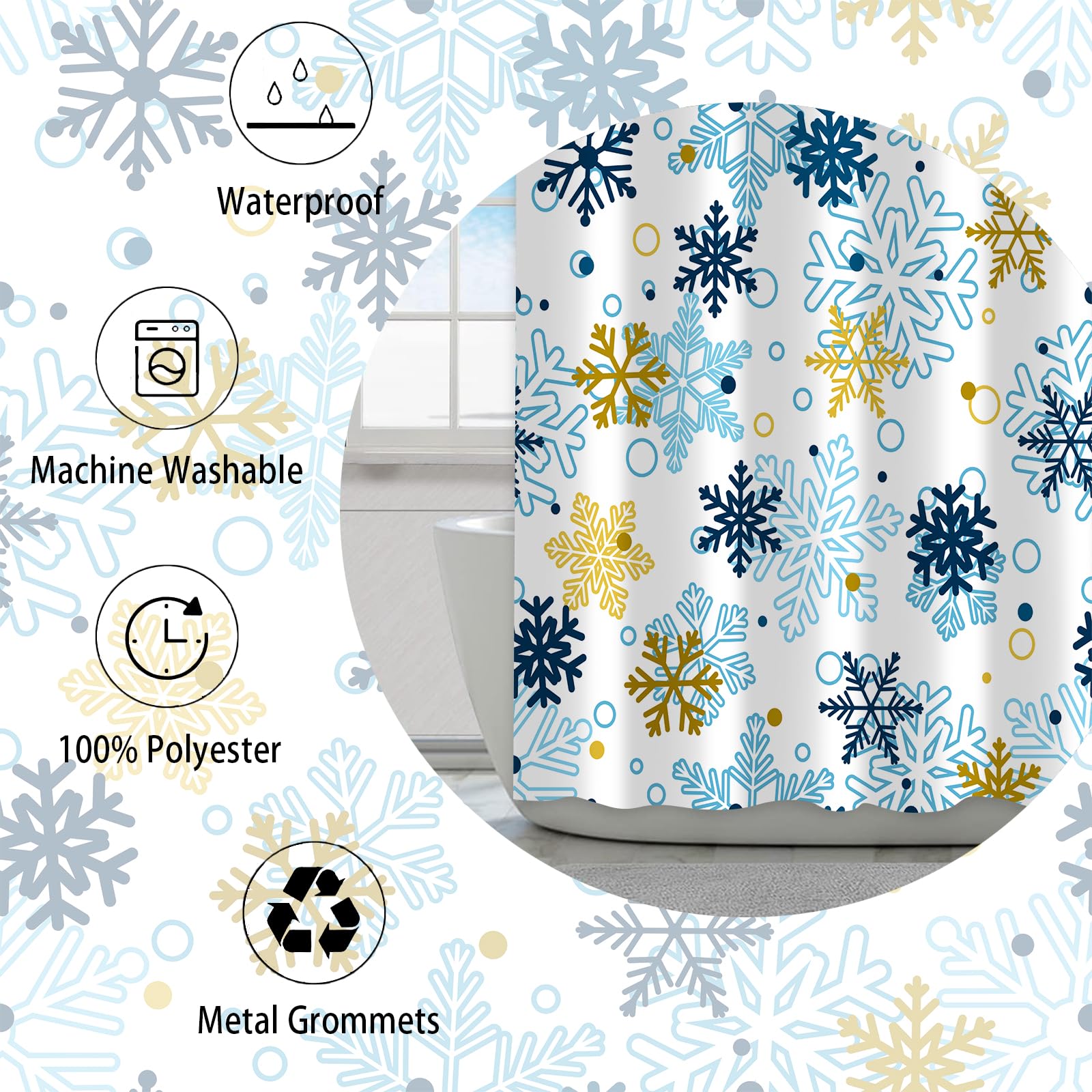 Paopoed Blue Winter Snowflake Shower Curtain, Winter Christmas Merry Xmas Funny Outside Hoilday Pattern Bathroom Decor, Waterpro