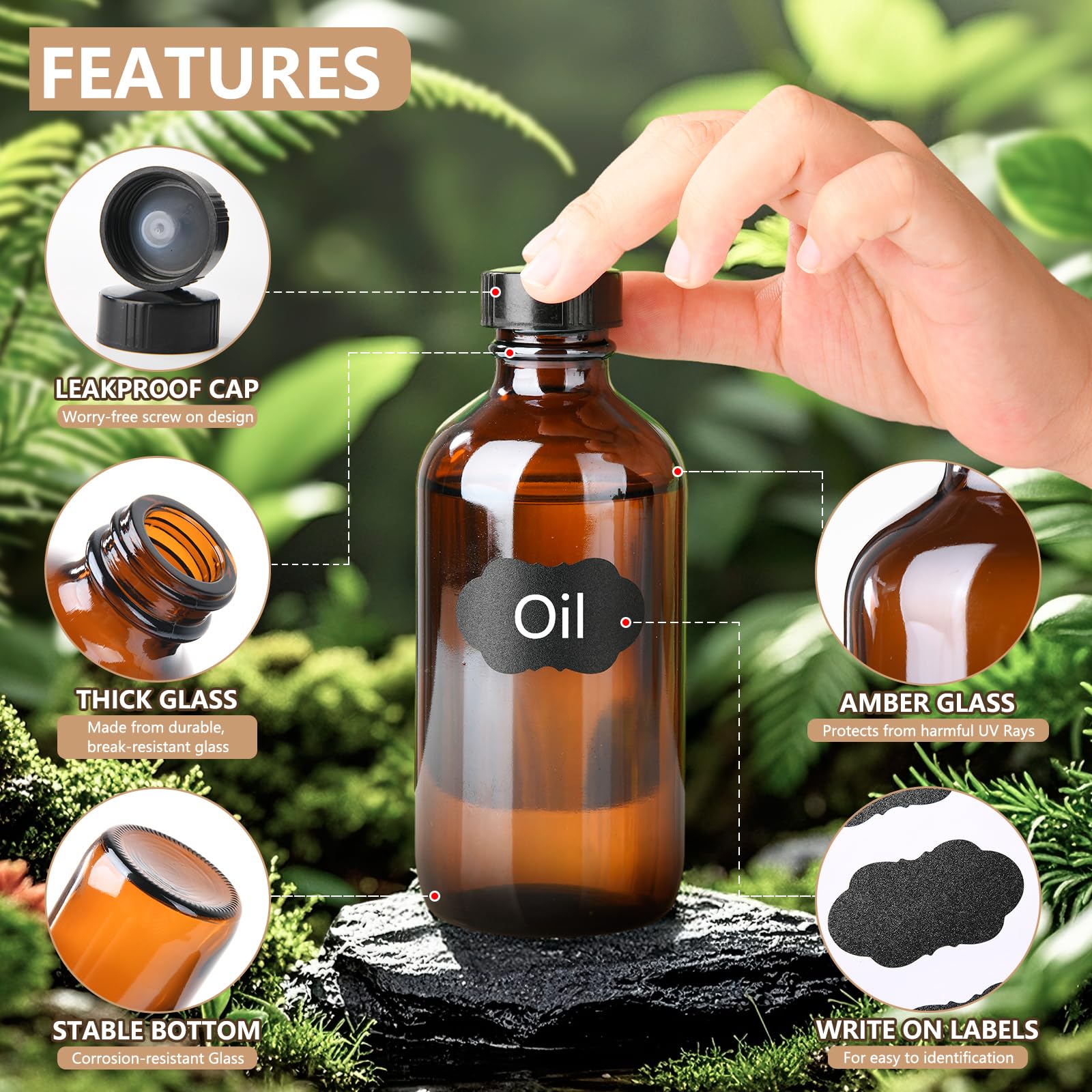 BPFY 12 Pack 8 oz Glass Boston Bottle With Black Poly Cap  Funnel  Chalk Labels  Pen  Dispensing Bottles for Homemade Vanilla Extract  Essential Oils  Herbal Medicine  Wedding Christmas Decor (Amber)