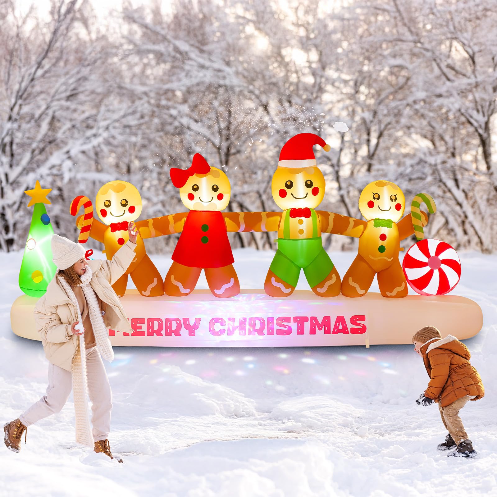 CACIRAL 10 FT Long Gingerbread Family Christmas Inflatable Outdoor Decoration, Gingerbread Man Inflatable Holding Hands with Bui