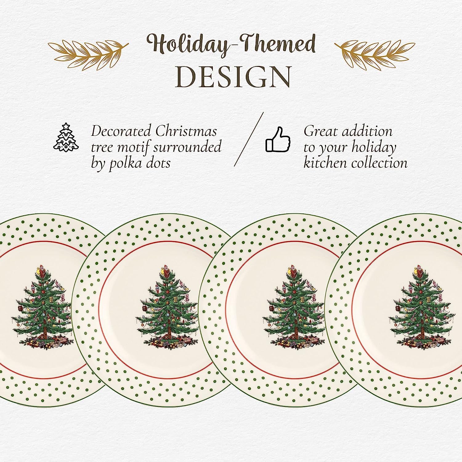 Spode Christmas Tree Polka Dot Dessert Plate (Set of 4) - Festive 8-Inch Stoneware Plates for Holiday Entertaining, Appetizers,