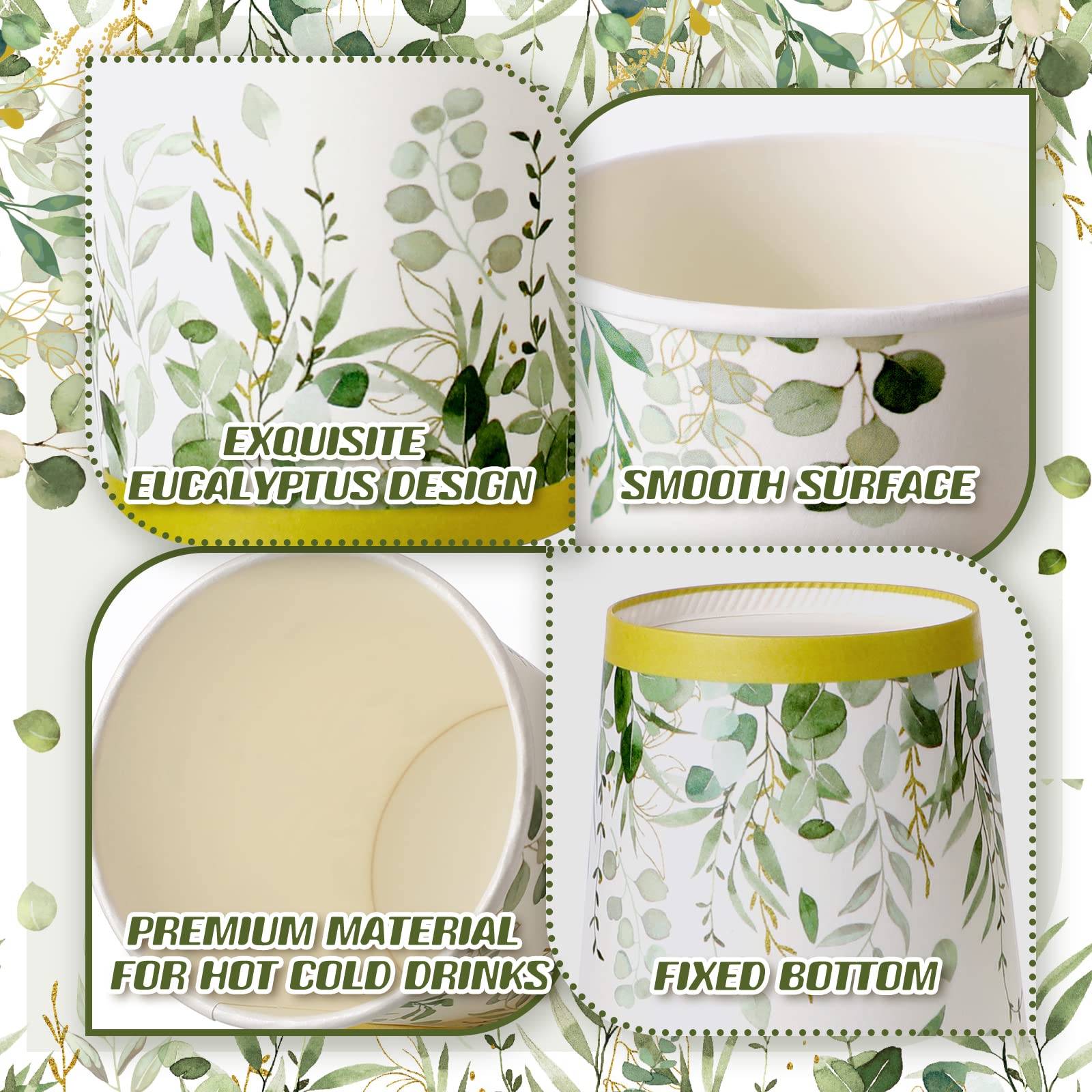 64 Pcs Eucalyptus Cups Greenery Paper Cup 9 Oz Disposable Coffee Paper Cups For Sage Green Party Decorations Bridal Shower Paper