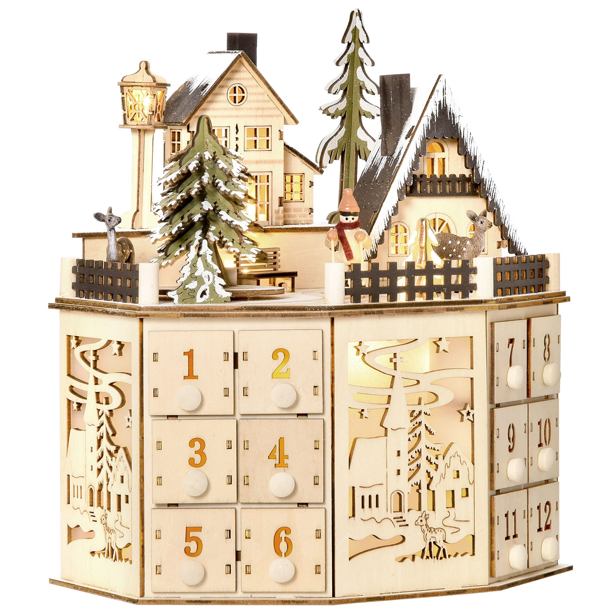 HOMCOM Christmas Advent Calendar, Light Up Table Xmas Wooden Holiday Decoration with Countdown Drawers and Village, for Kids and