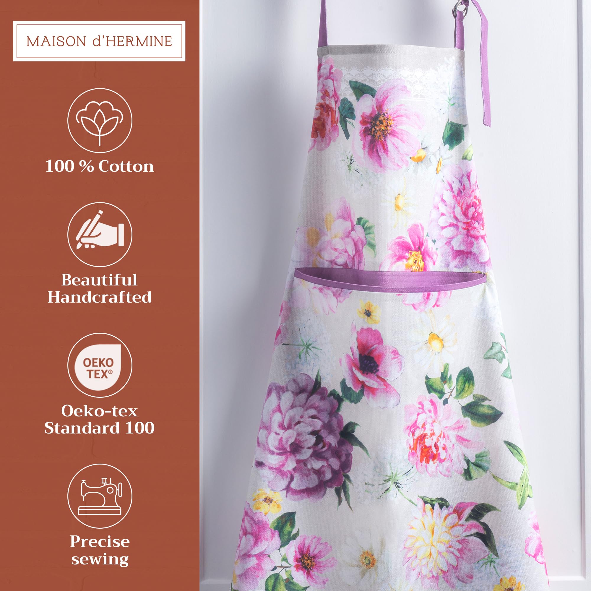 Maison d' Hermine Apron 100% Cotton 27.50''x31.50'' 1 Piece Adjustable Neck Strap Apron with Center Pocket & Long Ties for Gifts  BBQ  Women  Men  Chef & Wedding  Pivoine - Spring/Summer