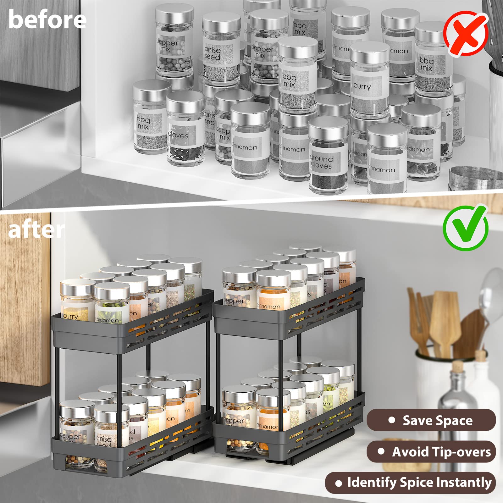 DABIGE 2 Packs Pull Out Spice Rack Organizer for Cabinet, Slide Out Spice Racks Organizer, Easy to Install Spice Cabinet Organiz