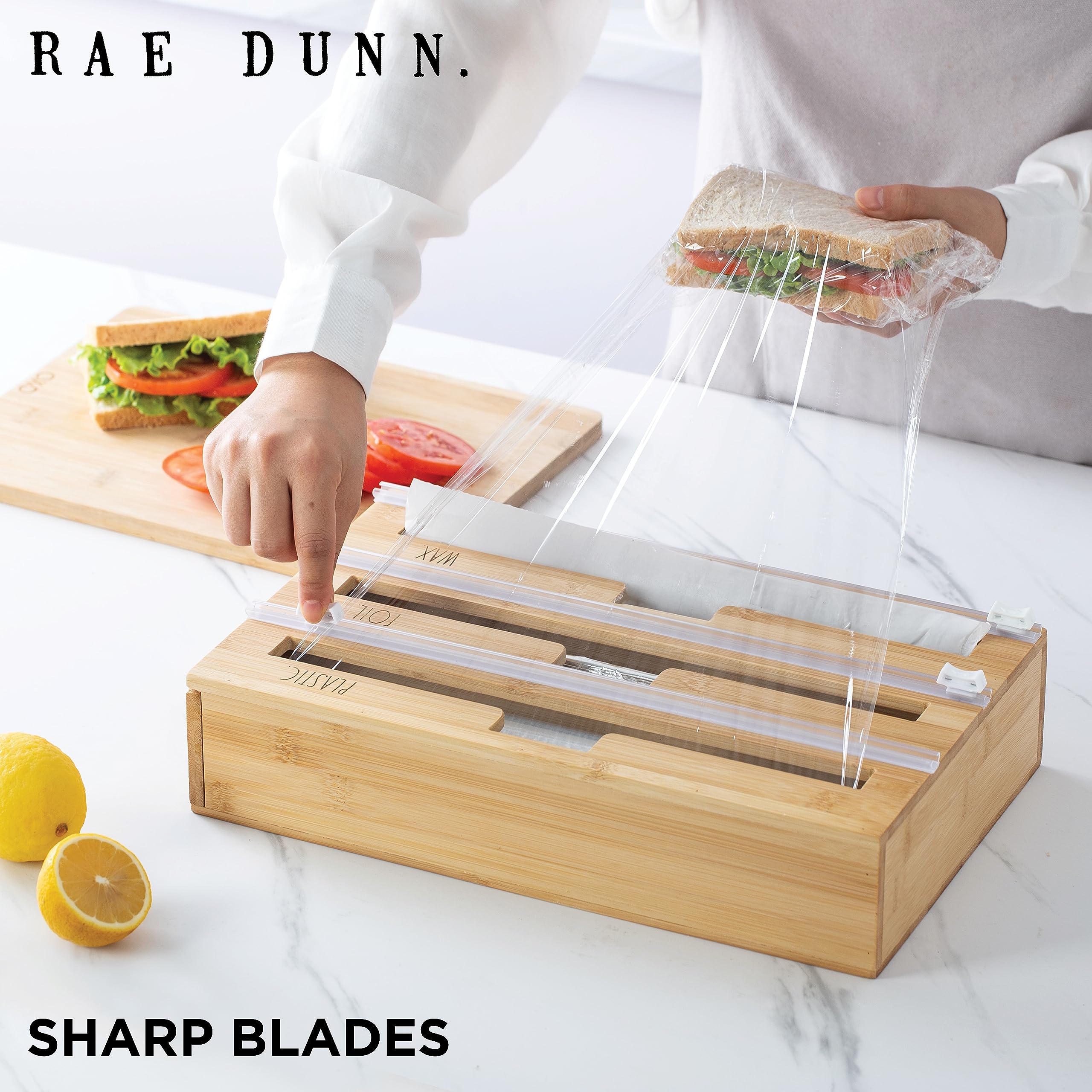 Rae Dunn 3 In 1 Wrap Organizer With Cutter, Plastic Wrap, Aluminum Foil And Wax Bamboo Dispenser For Kitchen Storage Organizatio