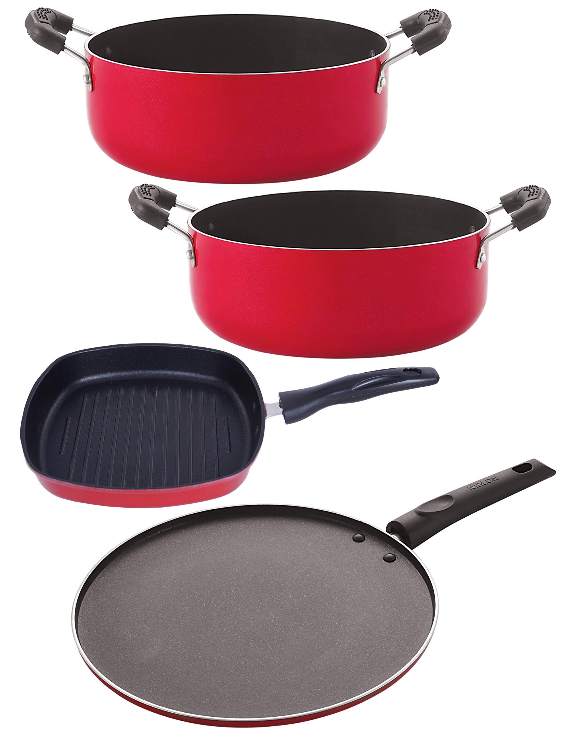 Nirlon NonStick Casserole Smart Tawa Grill Pan Casserole Aluminium Cookware Set, 4Pieces, Red/Black(Cs20_St11_Gp22.5_Cs24)
