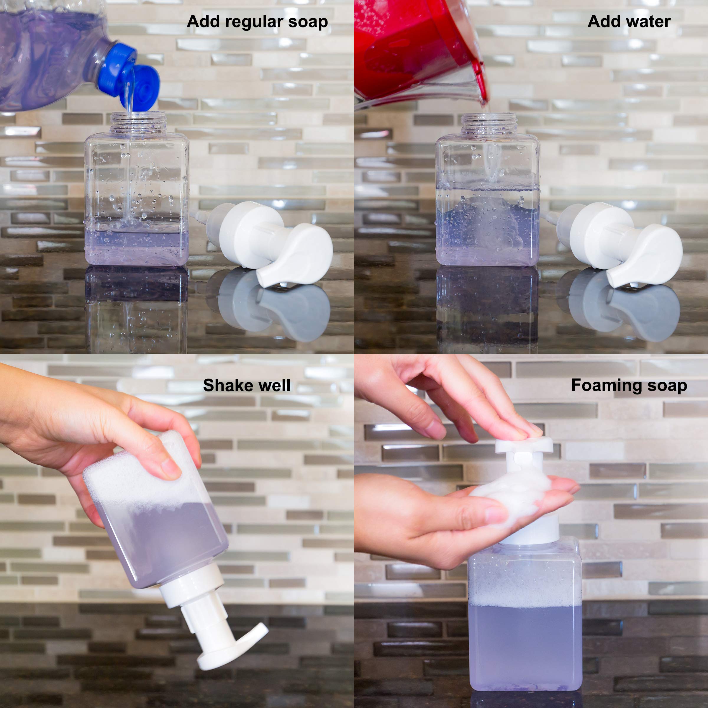Youngever 4 Pack Clear Plastic Square Pump Bottles, Plastic Foaming Soap Dispenser, Refillable Plastic Pump Bottles With Travel
