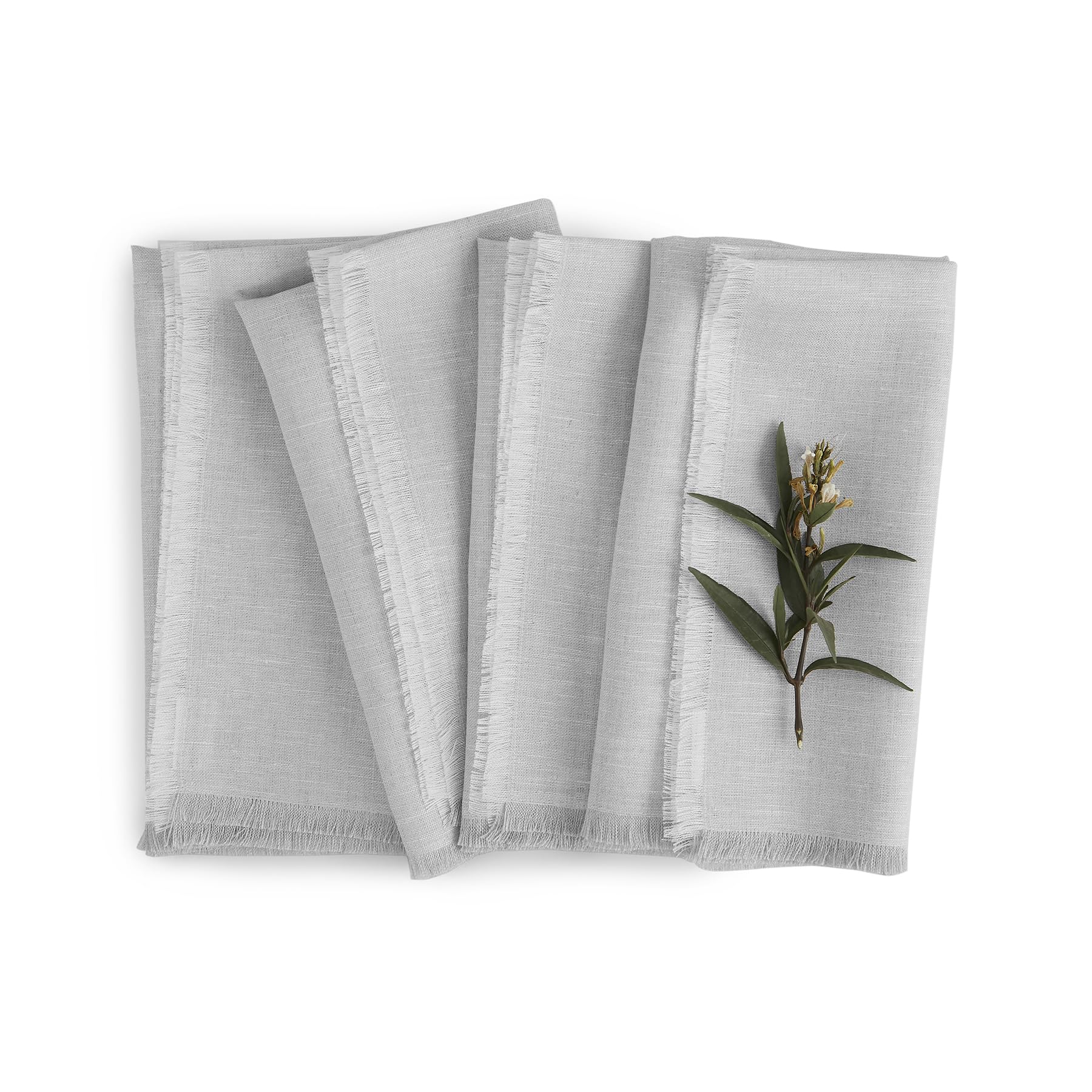 Solino Home Fringe Linen Dinner Napkins 20 X 20 Inch - 100% Pure Linen Light Grey Cloth Napkins Set Of 4 - Handcrafted And Machi