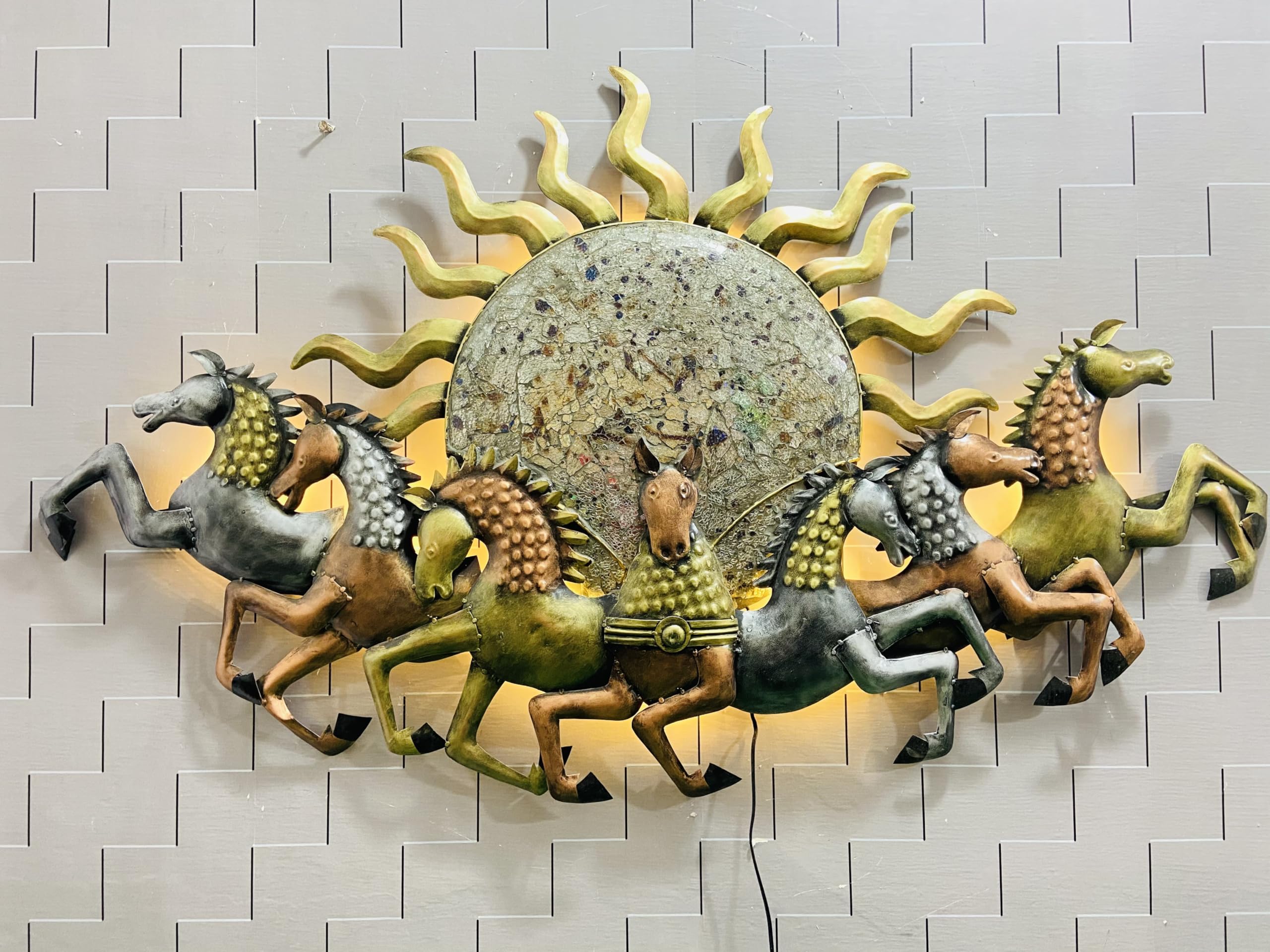 ToughCrafts 7 Running Horses with Sun - Metal Wall Decor, with LED light for Living Room, Drawing Room, and Office Decor