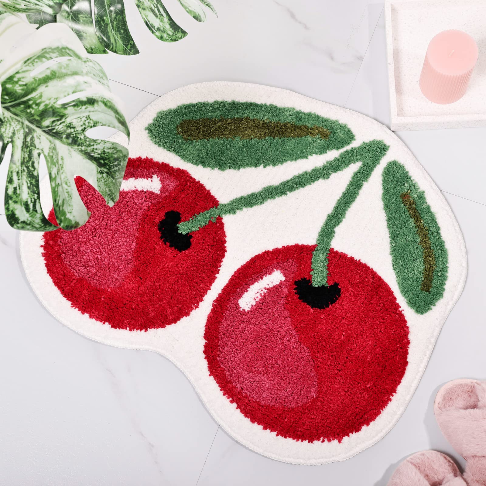 Frozzur Cherry Cute Bath Mat For Bathroom, Luxury Funky Bathroom Mats Non Slip Cute Fruit Shaped Absorbent Bathtub Cool Rug Bath