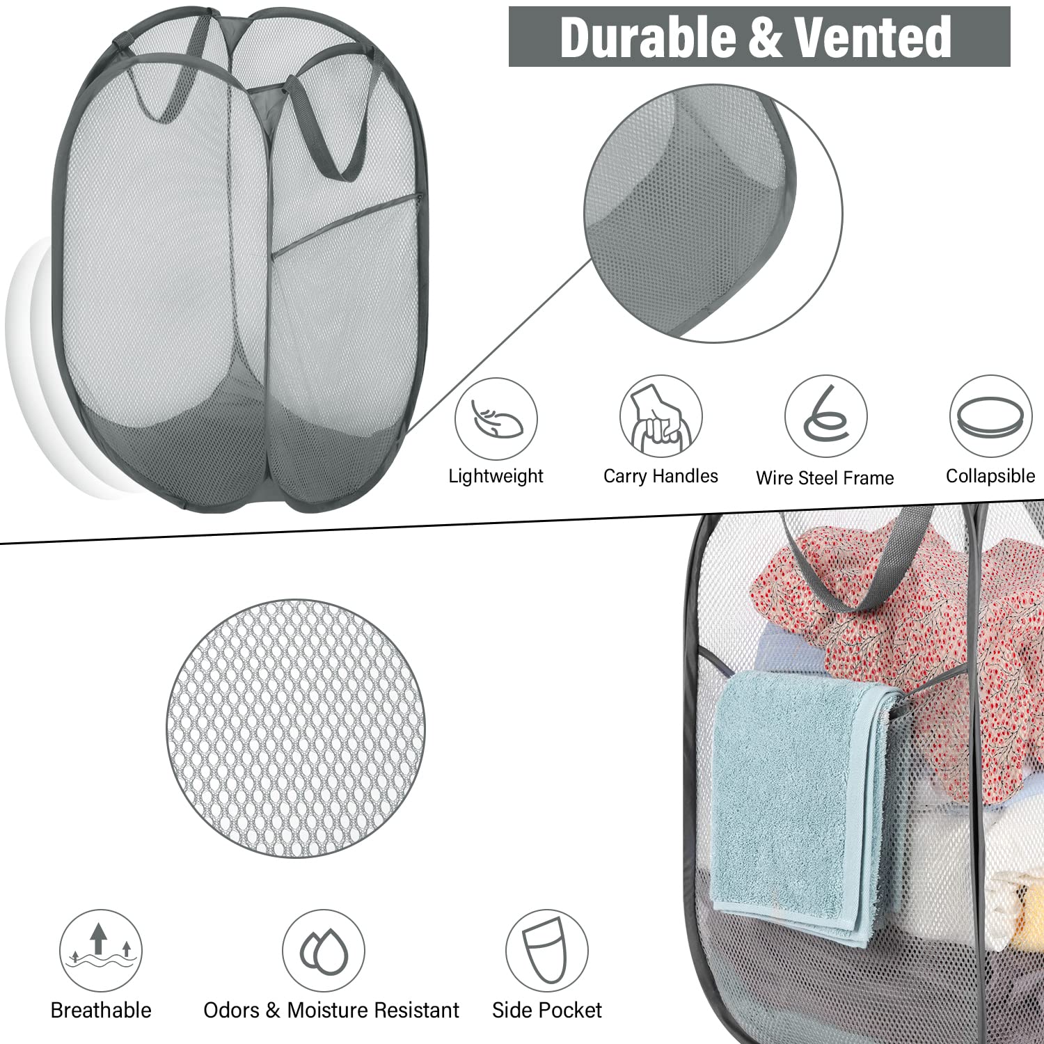 Battoo 3 Pack Collapsible Laundry Basket Strong Mesh Pop Up Laundry Hamper For Laundry Foldable Hampers With Side Pocket Reinfor