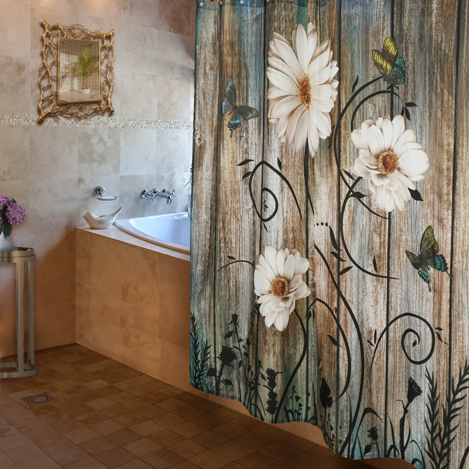 Miffrank Rustic Shower Curtain Set Grey Floral Fabric Bath Curtain 12 Hooks Butterfly Daisy American Country Farm Style 84W