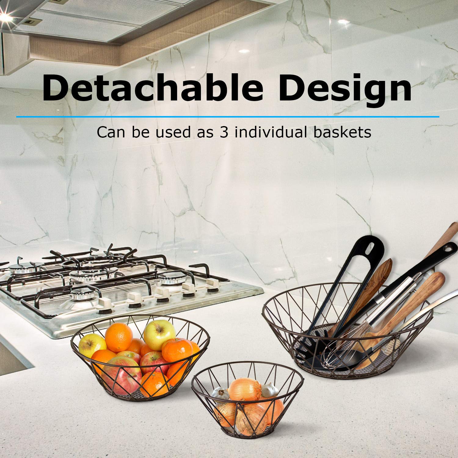 Blue Donuts Heavy Duty 3 Tier Hanging Kitchen Fruit Basket, Standard Size, Bronze Finish, Model FBA_BDHBBRNZX