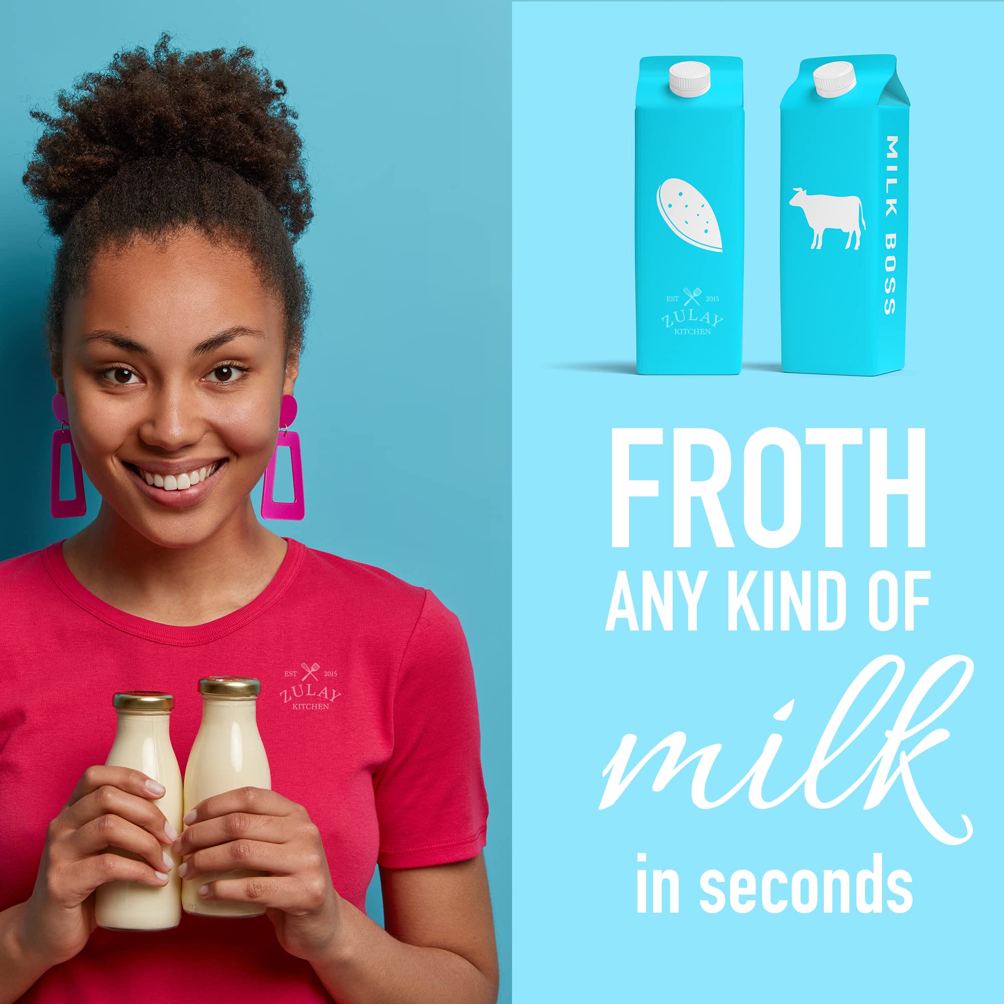 Zulay Kitchen Powerful Double Whisk Milk Frother Handheld - Foam Maker With Stand - Whisk Drink Mixer For Coffee, Mini Foamer Fo