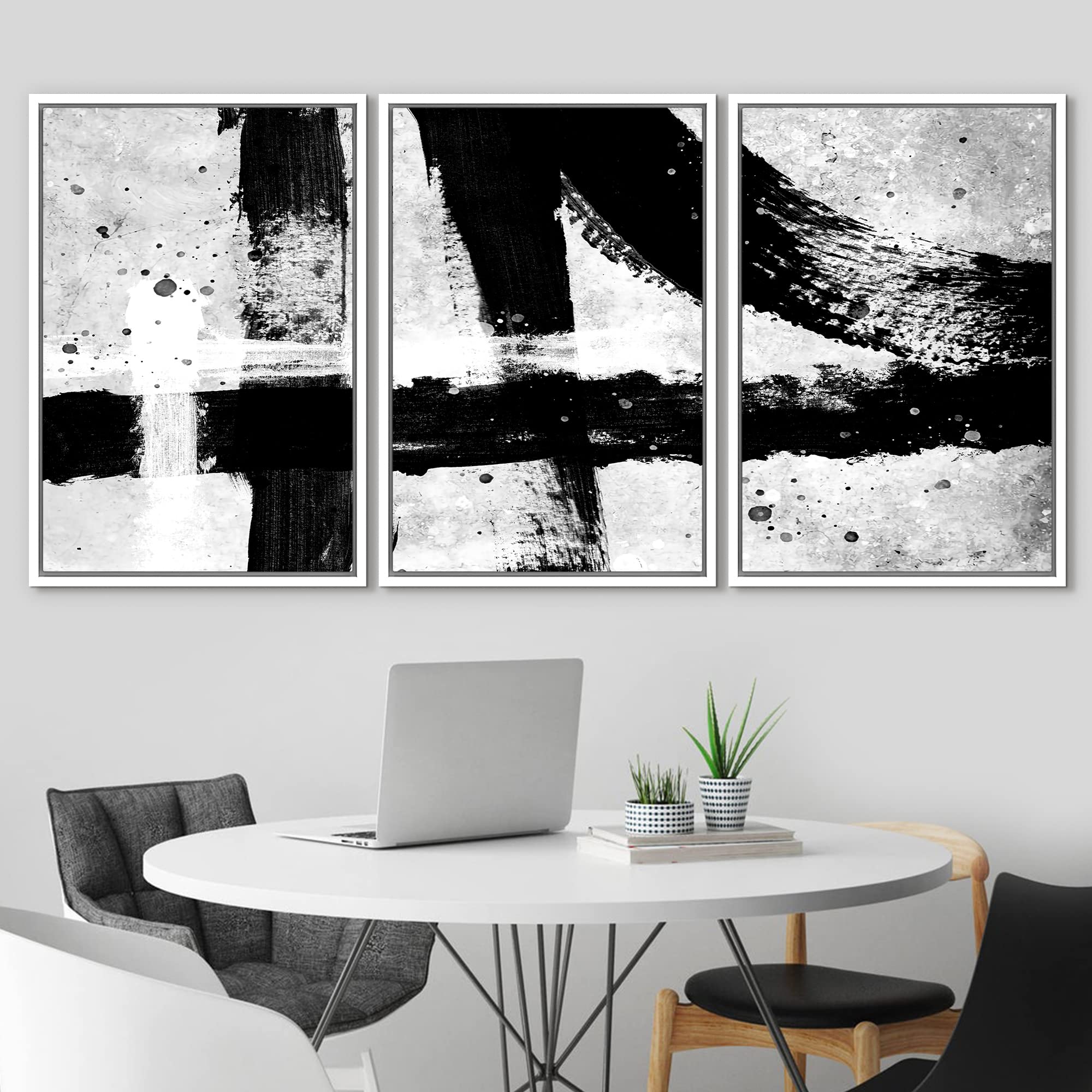 Idea4Wall Framed Wall Art Print Set Industrial Style Black & White Paint Strokes Abstract Shapes Illustrations Modern Art Altern
