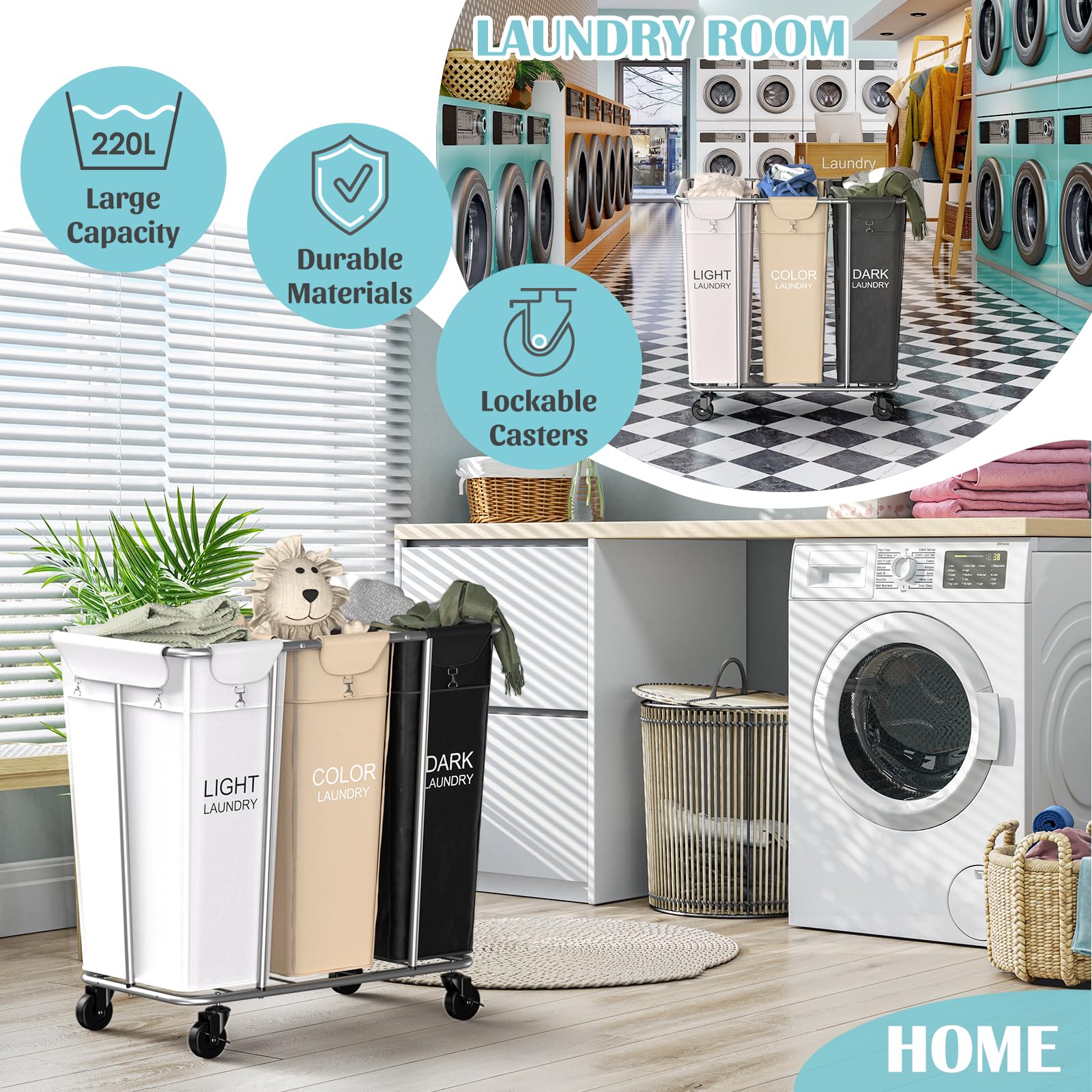 Plkow Laundry Sorter 3 Section, 220L Large Laundry Cart With Wheels 3 Hamper Laundry Sorter With Steel Frame And Removable Bag,