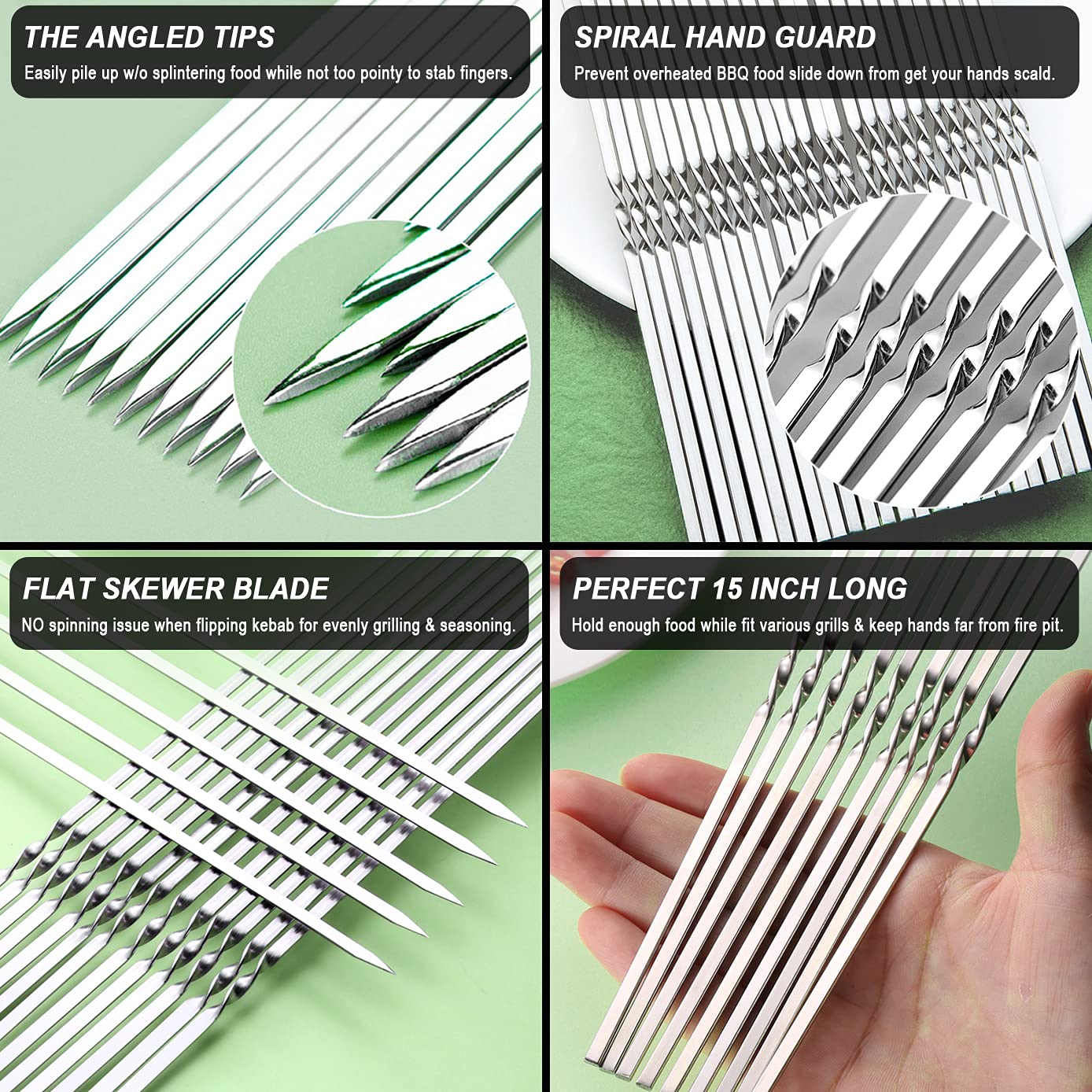 Centerz 30 Pack Kebab Skewers, 15'' Long Flat Stainless Steel Bbq Shish Kabob Skewers With Portable Metal Storage Tube, Reusable