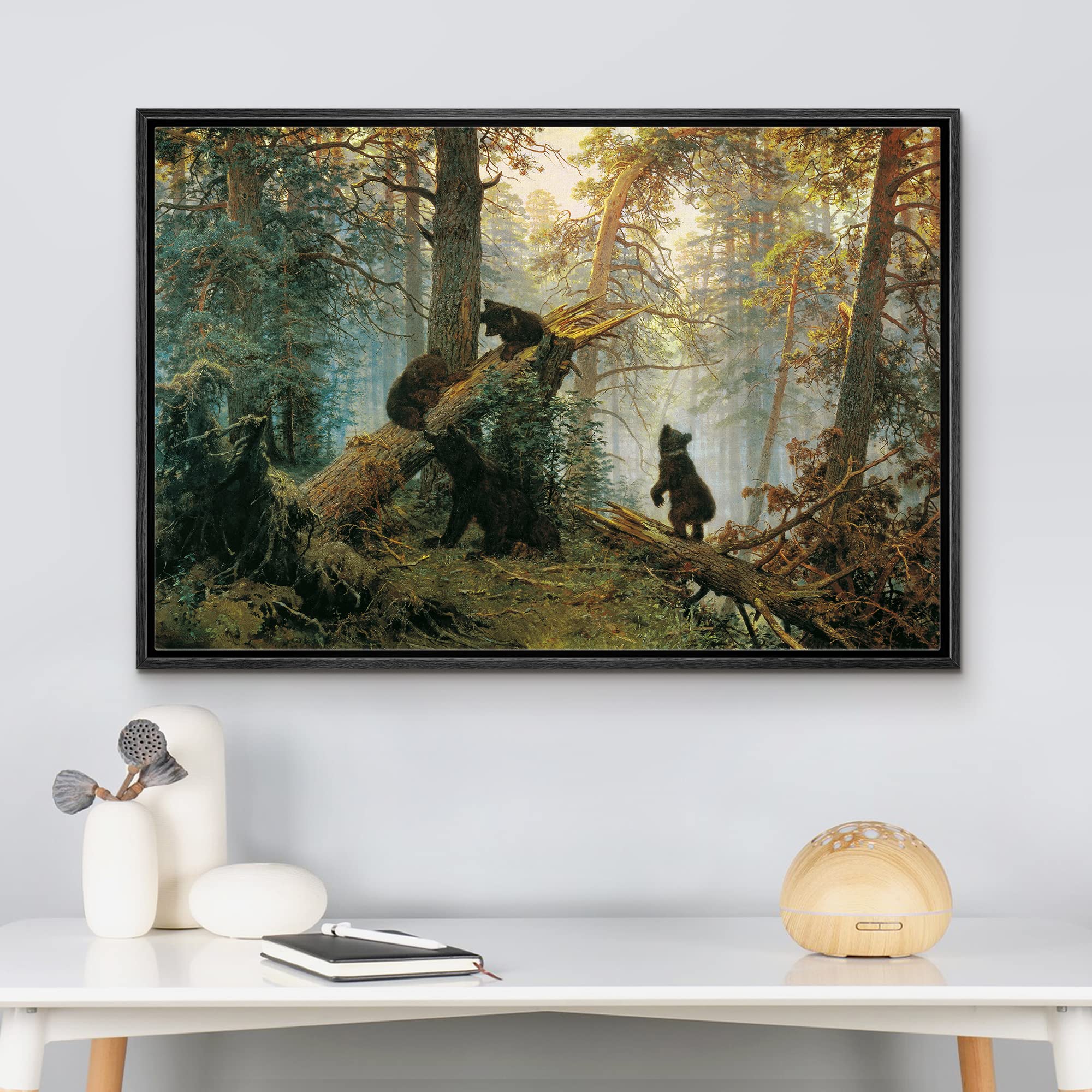 wall26 Framed Canvas Print Wall Art Black Bears in The Spring Forest Nature Wilderness Illustrations Modern Art Rustic Scenic Colorful Multicolor for Living Room  Bedroom  Office - 16''x24'' Black