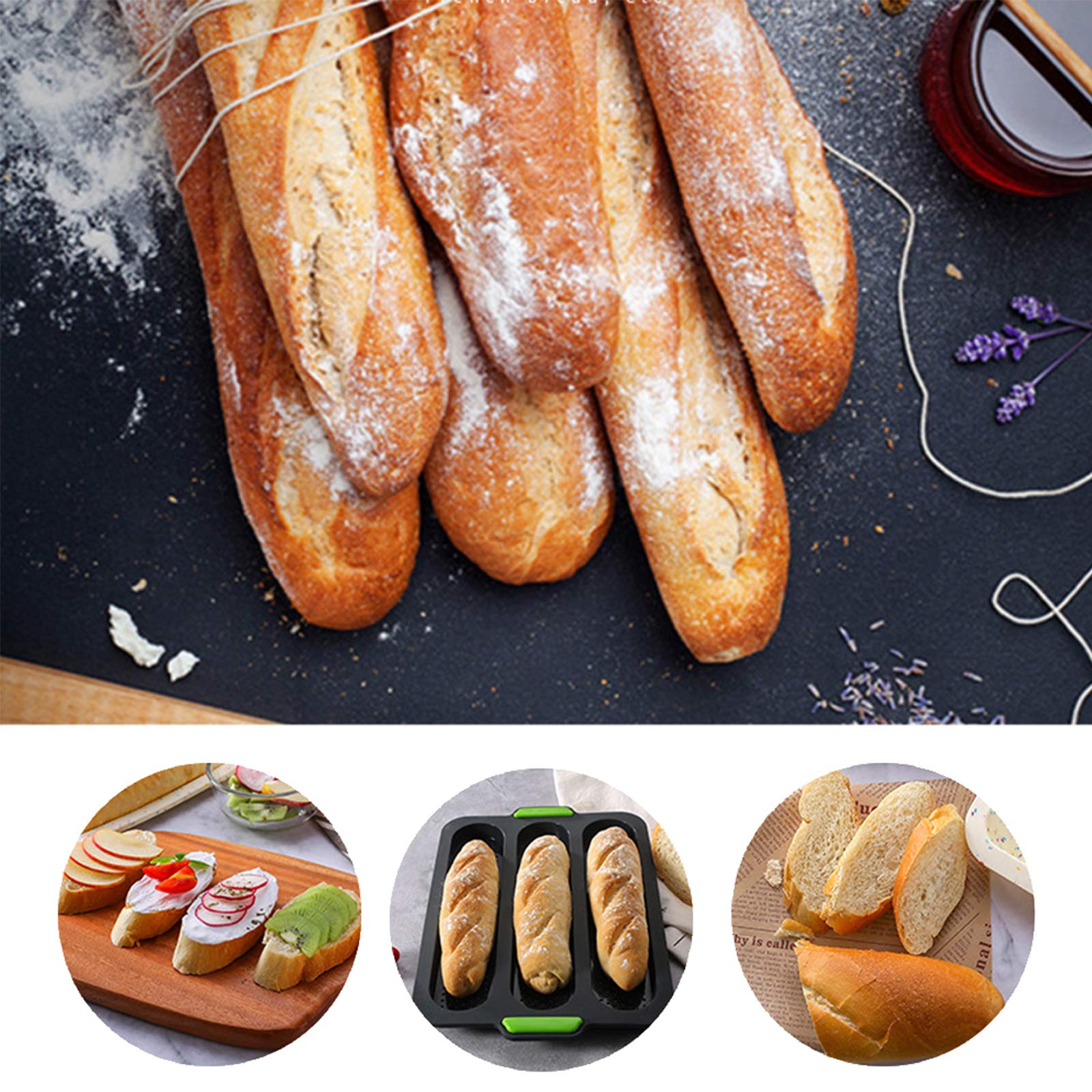 W Wbld Silicone Baguette Pan,Nonstick 3 Wave Loaves French Toast Bread Baking Tray Bake Mold, Perforated Silicone Molds Loaf Pan
