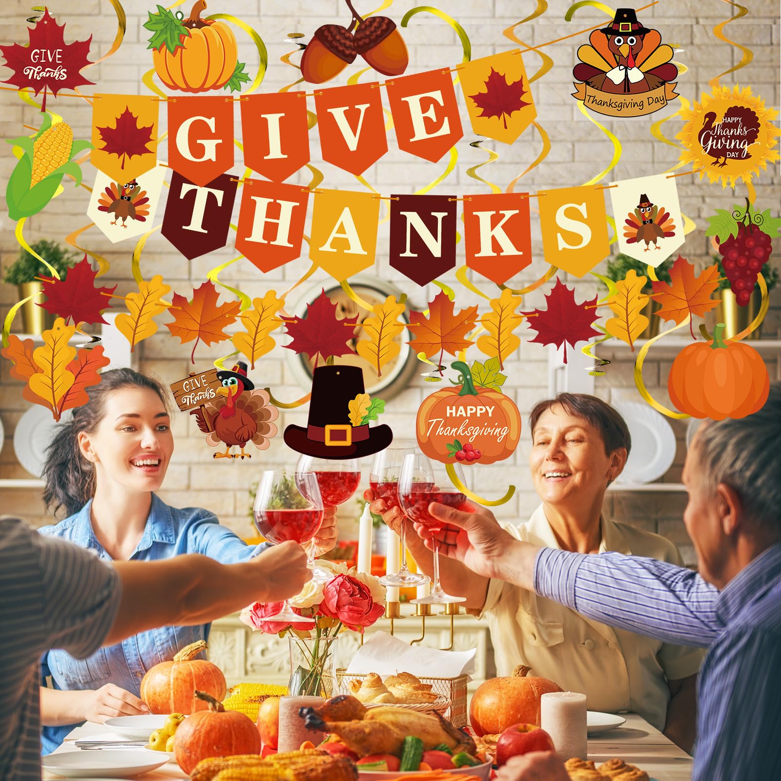 Epakh 51 Pcs Thanksgiving Party Decorations Give Thanks Banner Turkey Pumpkin Harvest Hanging Swirls Thanksgiving Party Ceiling