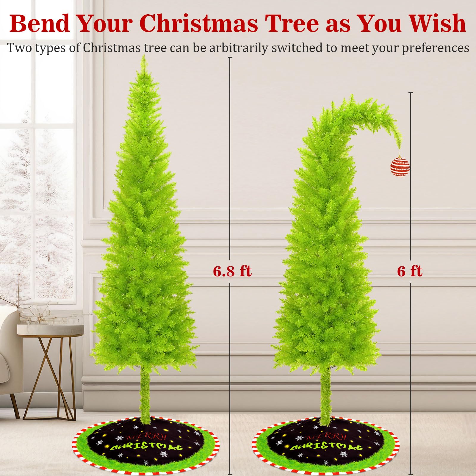 6FT Grinchs Christmas Tree with 38 Piece Ornament Set, Whimsical Lime Green Christmas Tree with Signs & Skirt, Indoor Outdoor Ho