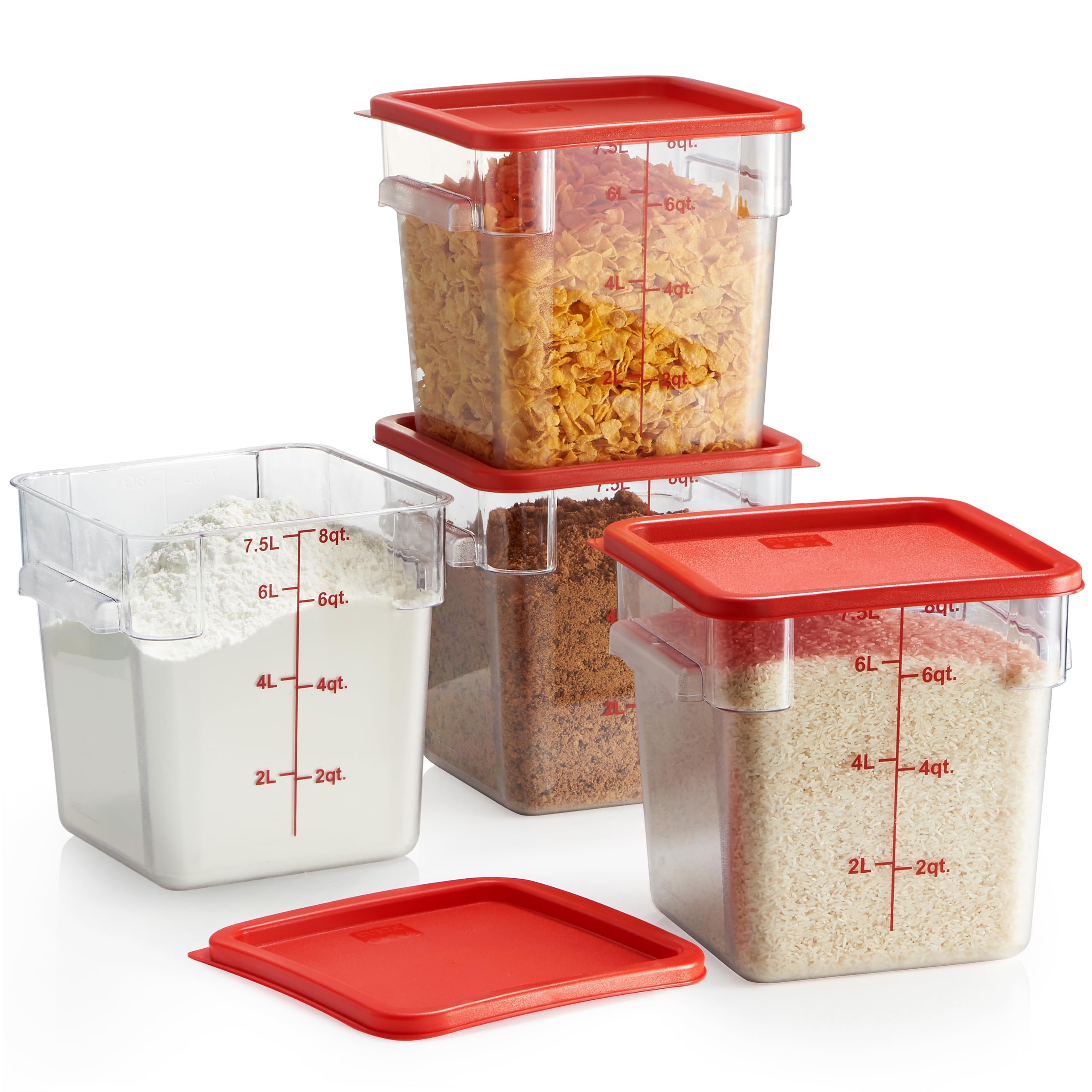 Curta 4-Pc Food Storage Container With Red Lids - Commercial Grade In 8.0 Qt - Square, Clear, Polycarbonate