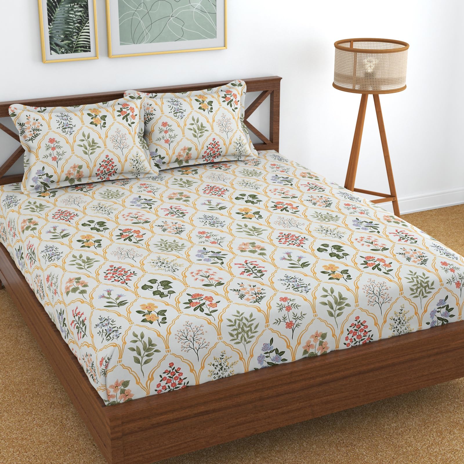 Kawi Elastic Floral Fitted Bedsheets(60X78)Queen Size Glace Cotton For Double Bed With All Around Elastic,2 Large Pillow Cover,2