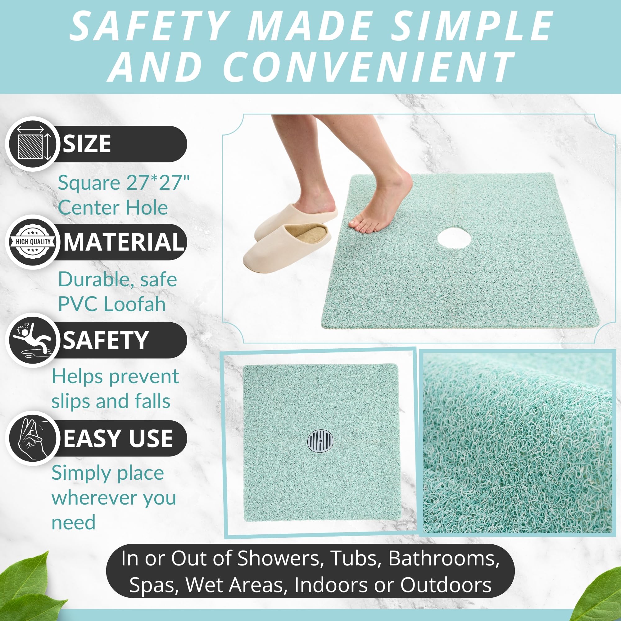 Square Shower Mat With Center Drain Hole In Middle - Loofah Non Slip Shower Mats For Inside Shower - Square Bath Mats For Shower