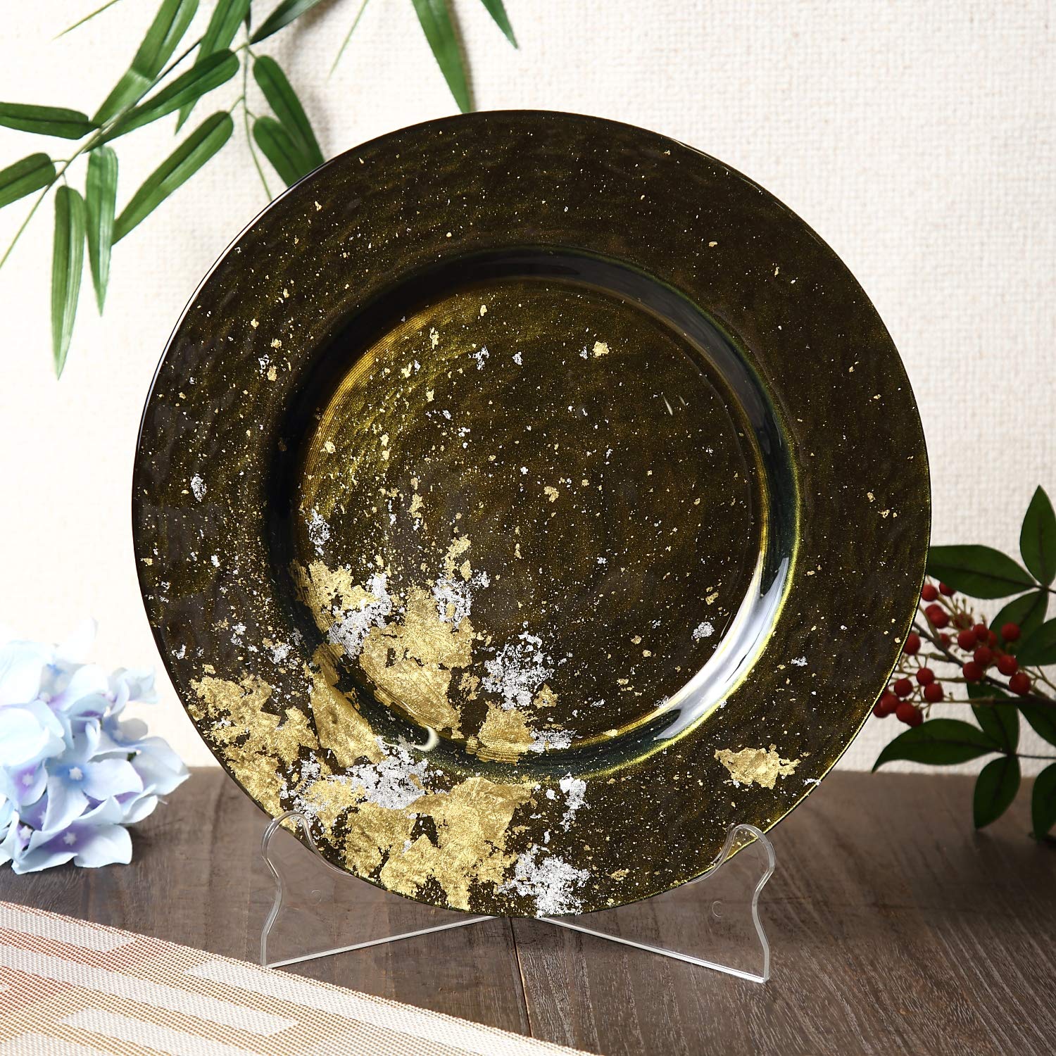 Syosaku Japanese Urushi Glass Dinner Plate F12.5-Inch Majestic Green With Gold Leaf, Dishwasher Safe