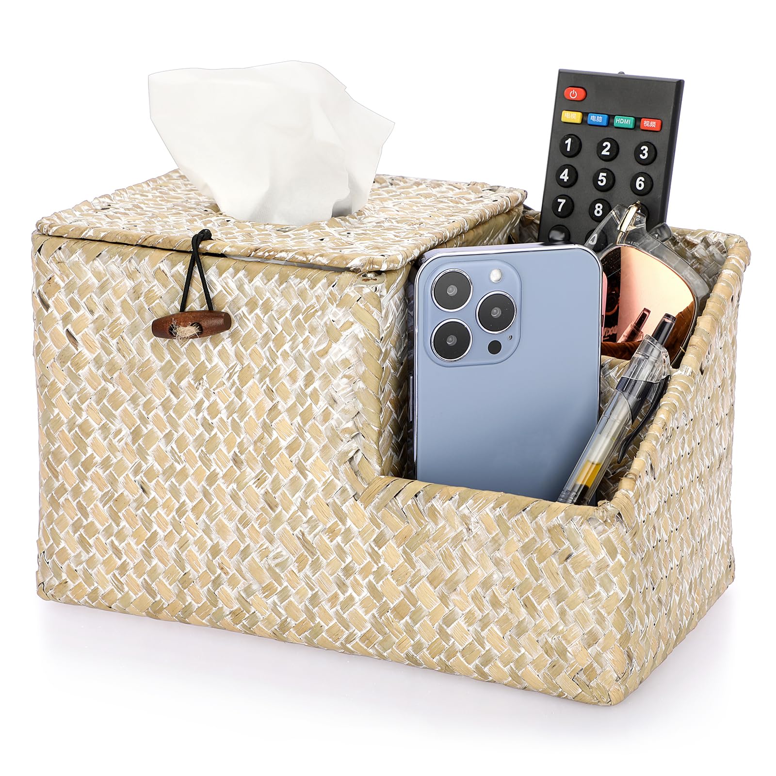 Sumnacon Tissue Box Cover-Square Woven Tissue Box Organizer For Desk Rustic Seagrass Tissue Box Holder With Side Organizer Decor
