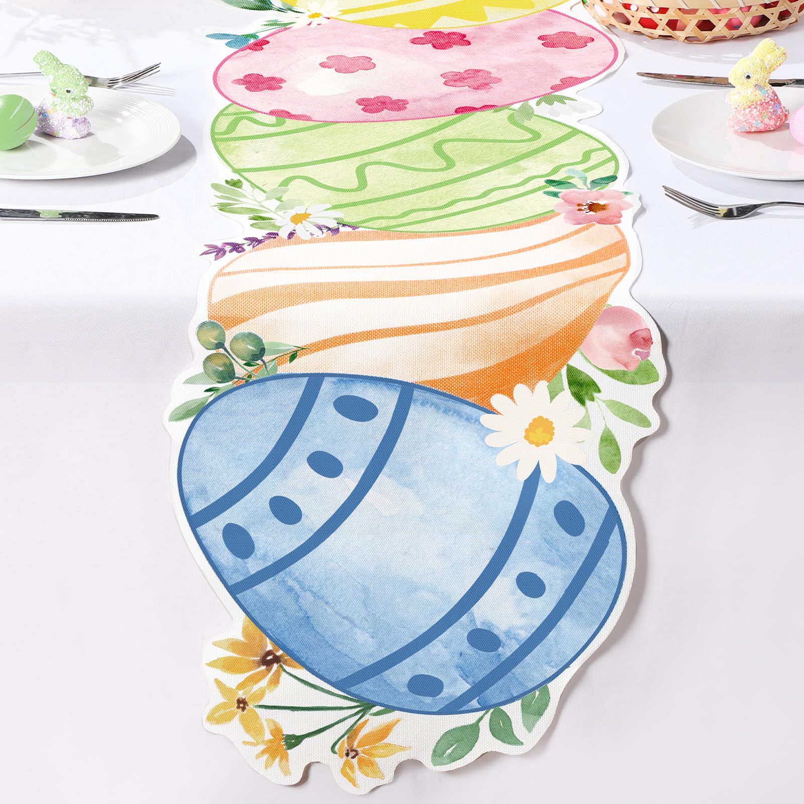 Mindsoft Easter Table Runner 13.7 x 70.4 Inch Easter Eggs Daisy Floral Table Cover Washable Table Decor for Easter Kitchen Dinin