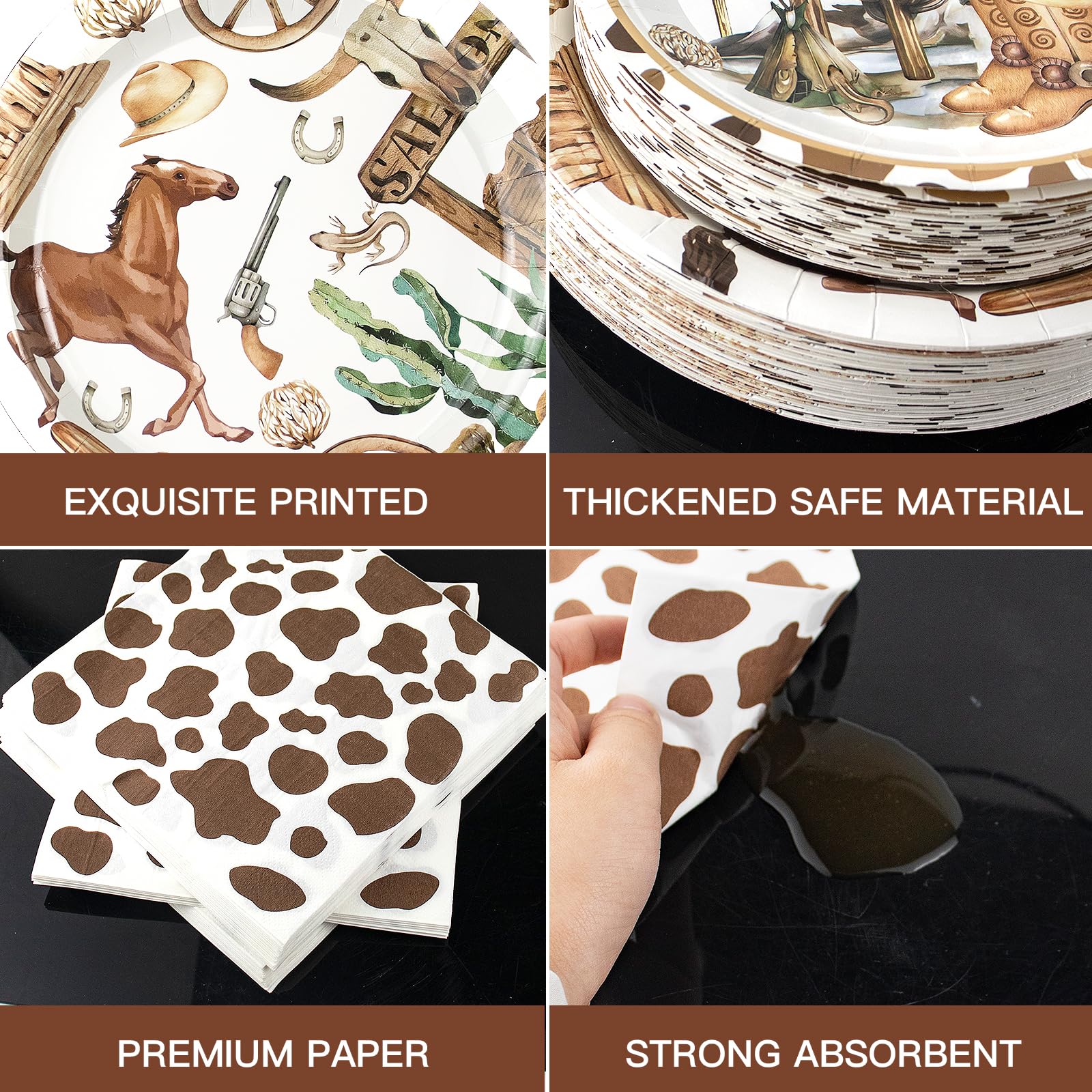 180Pcs Cowboy Party Supplies Serve 60, Western Party Paper Plates And Napkins Kit For Wild West Cowboy Rodeo Birthday Baby Showe
