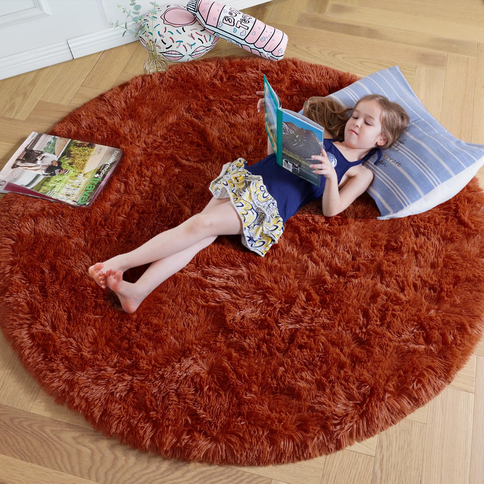 Amdrebio Terracotta Rust Round Circle Rug 6Ft for Bedroom Living Room, Fluffy Shaggy Furry Fuzzy Area Rugs for Kids Room Decor A
