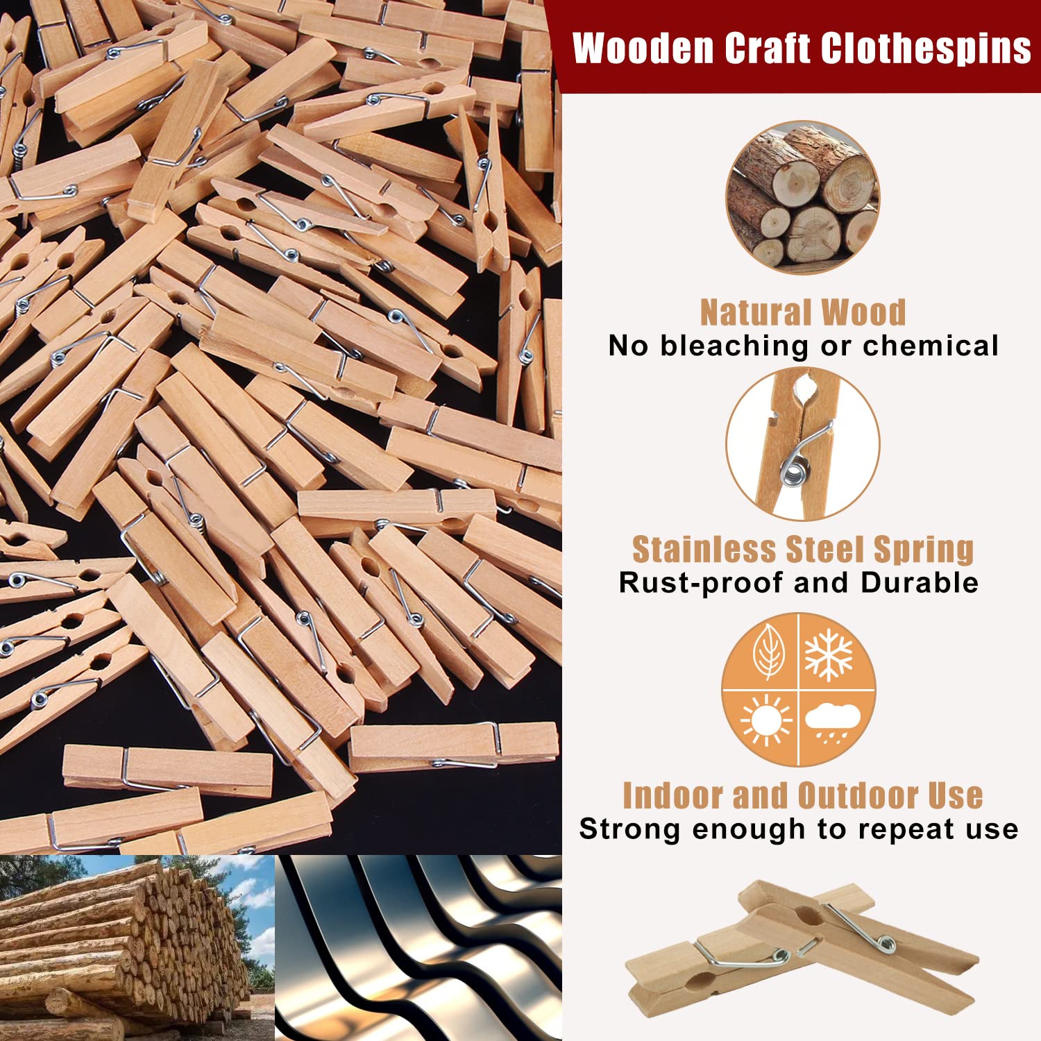 Kimober 2.36Inch Large Wooden Clothespins,Sturdy Natural Wooden Craft Peg Pins Clips For Hanging Photos,Paper Crafts,100Pcs