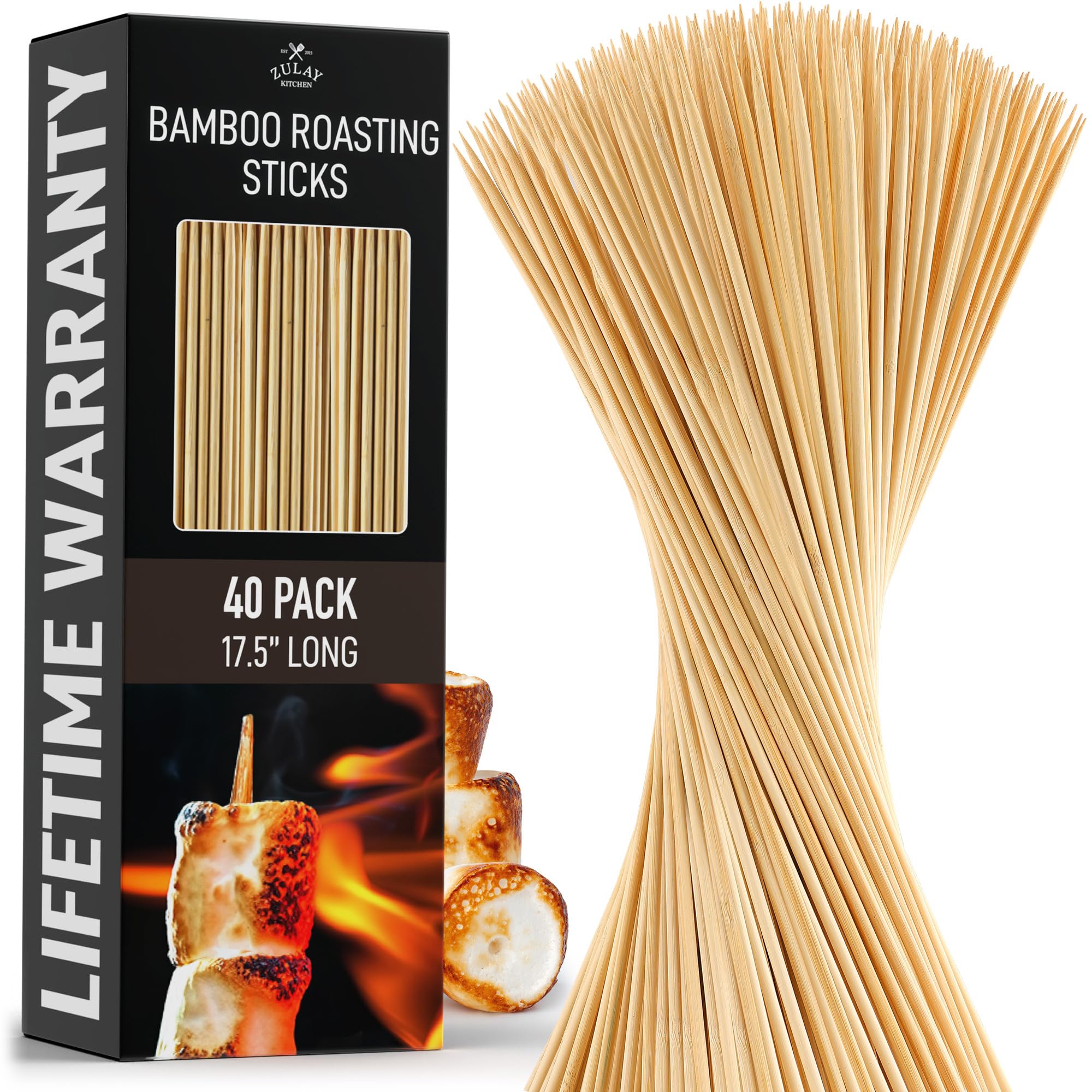 Zulay Kitchen Authentic Bamboo Marshmallow Smores Sticks - 40 Extra Long 17.5'' Roasting Sticks - 5mm Heavy-Duty Bamboo Skewers - Thick Smore Sticks - Ideal for Grilling - Marshmallow Sticks Camping